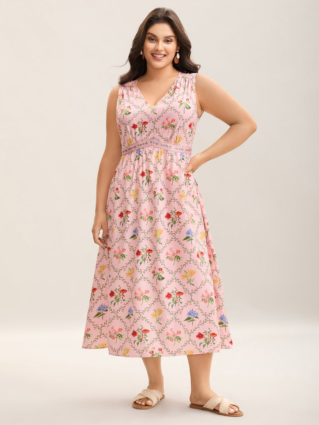 Floral Abstract Print V-Neck Maxi Dress