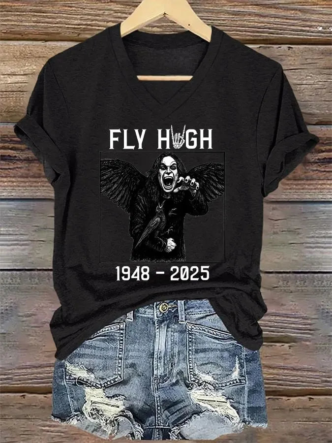 V-Neck Retro Rip Prince Of Darkness Fly High Print T-Shirt