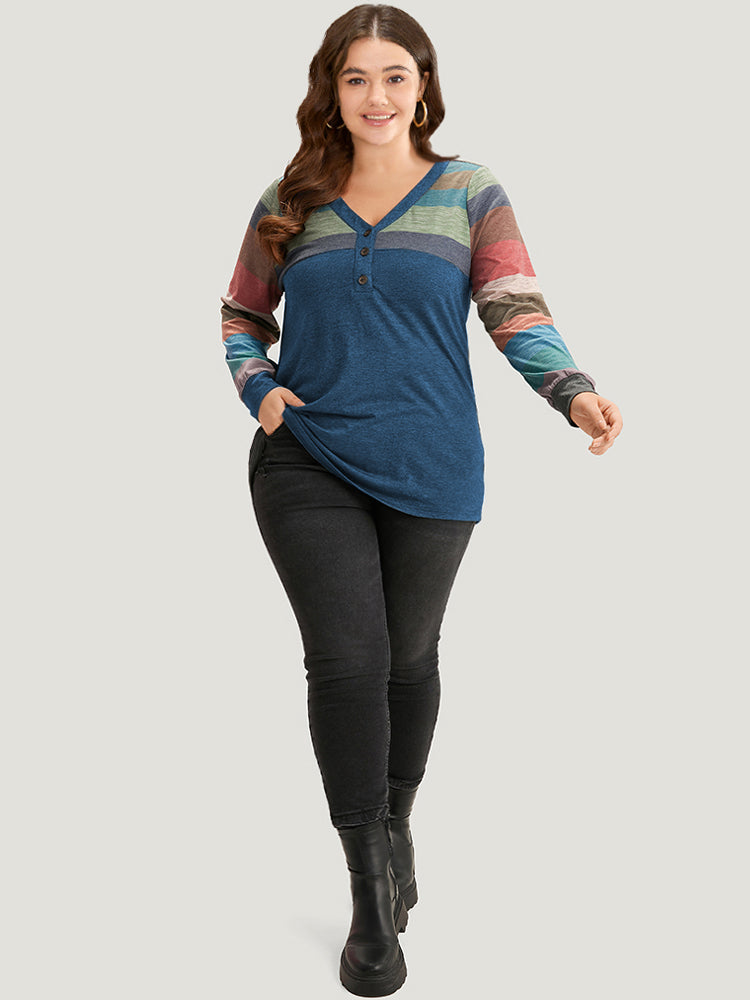 Colorblock Contrast V Neck Button Up T-shirt