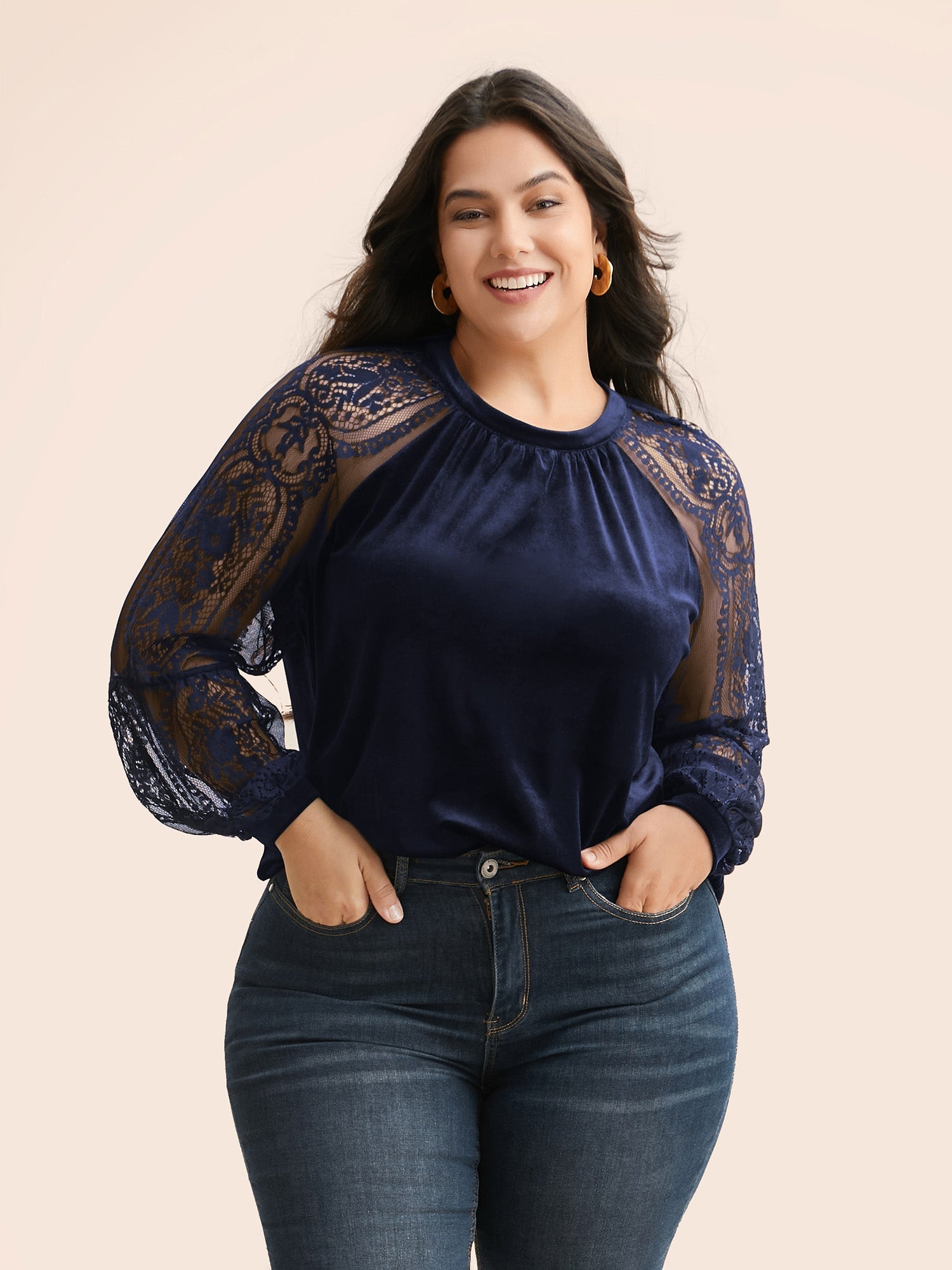 Lace Patchwork Velvet Raglan Sleeve Blouse