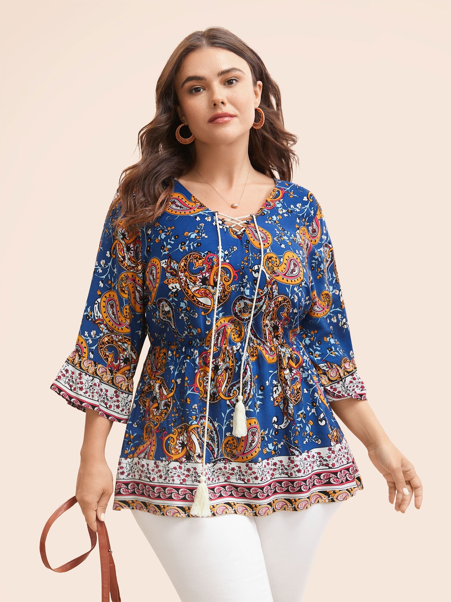 Boho Print Tie Knot Tassels Crisscross Blouse
