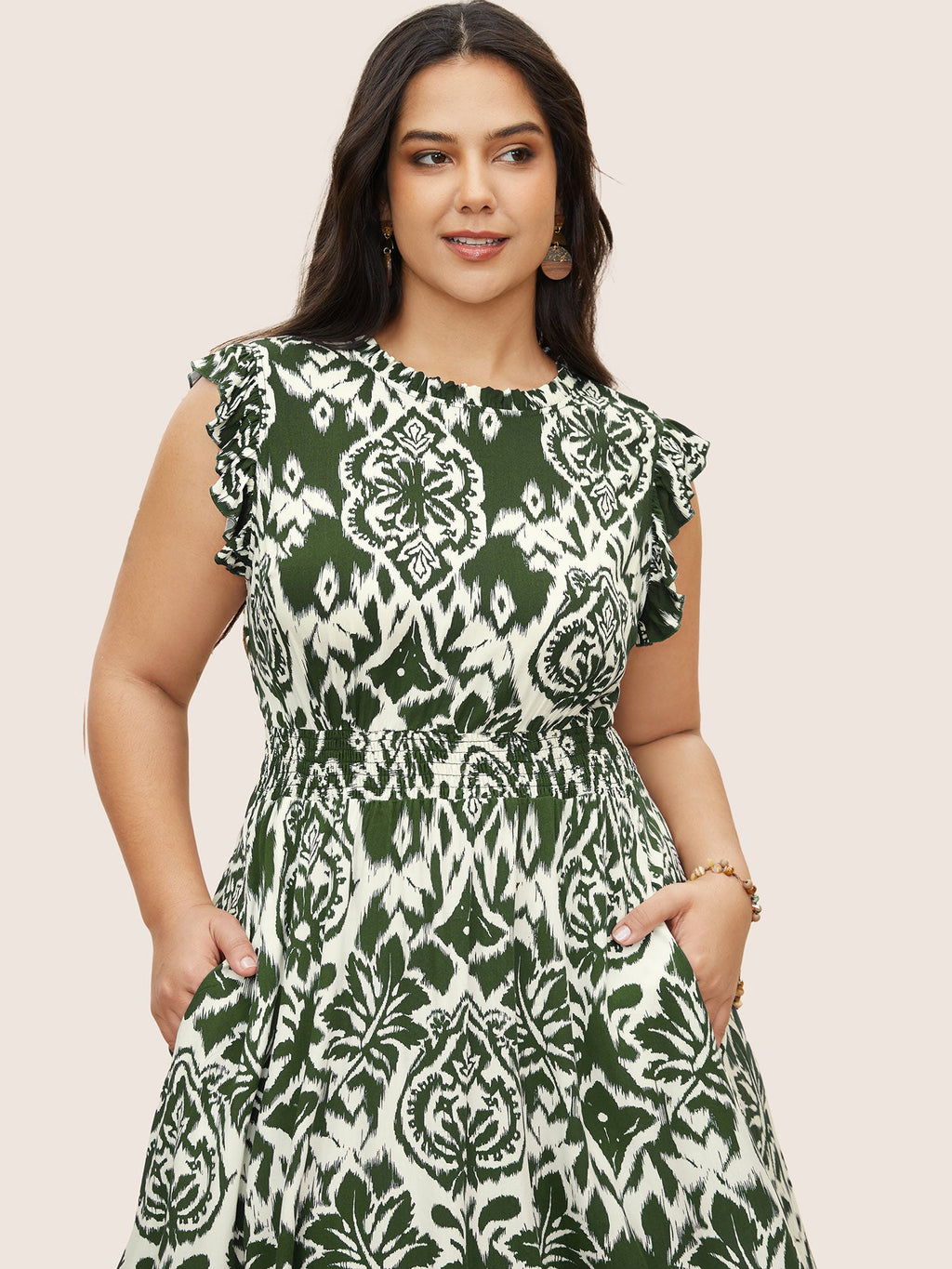 Boho Print Mock Neck Shirred Ruffle Cap Sleeve Dress