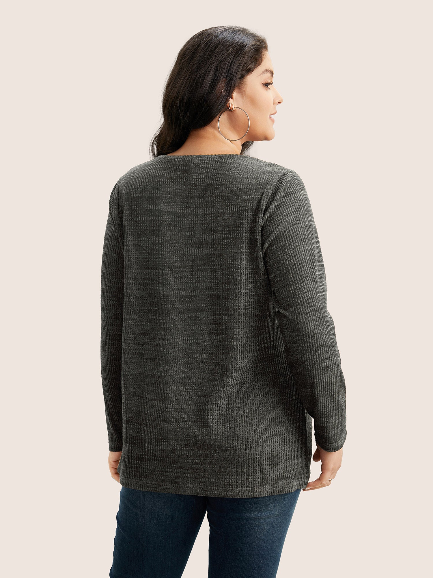 Solid Rib Knit Button Detail T-shirt