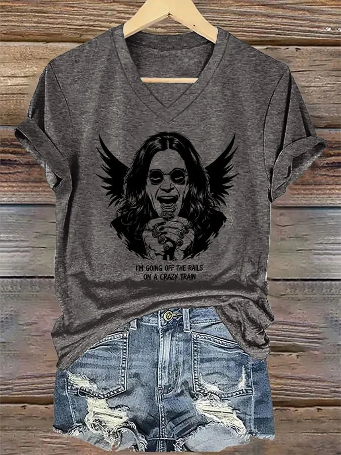V-Neck Retro Rip Prince Of Darkness I'm Going Off The Rails On A Crazy Train Print T-Shirt