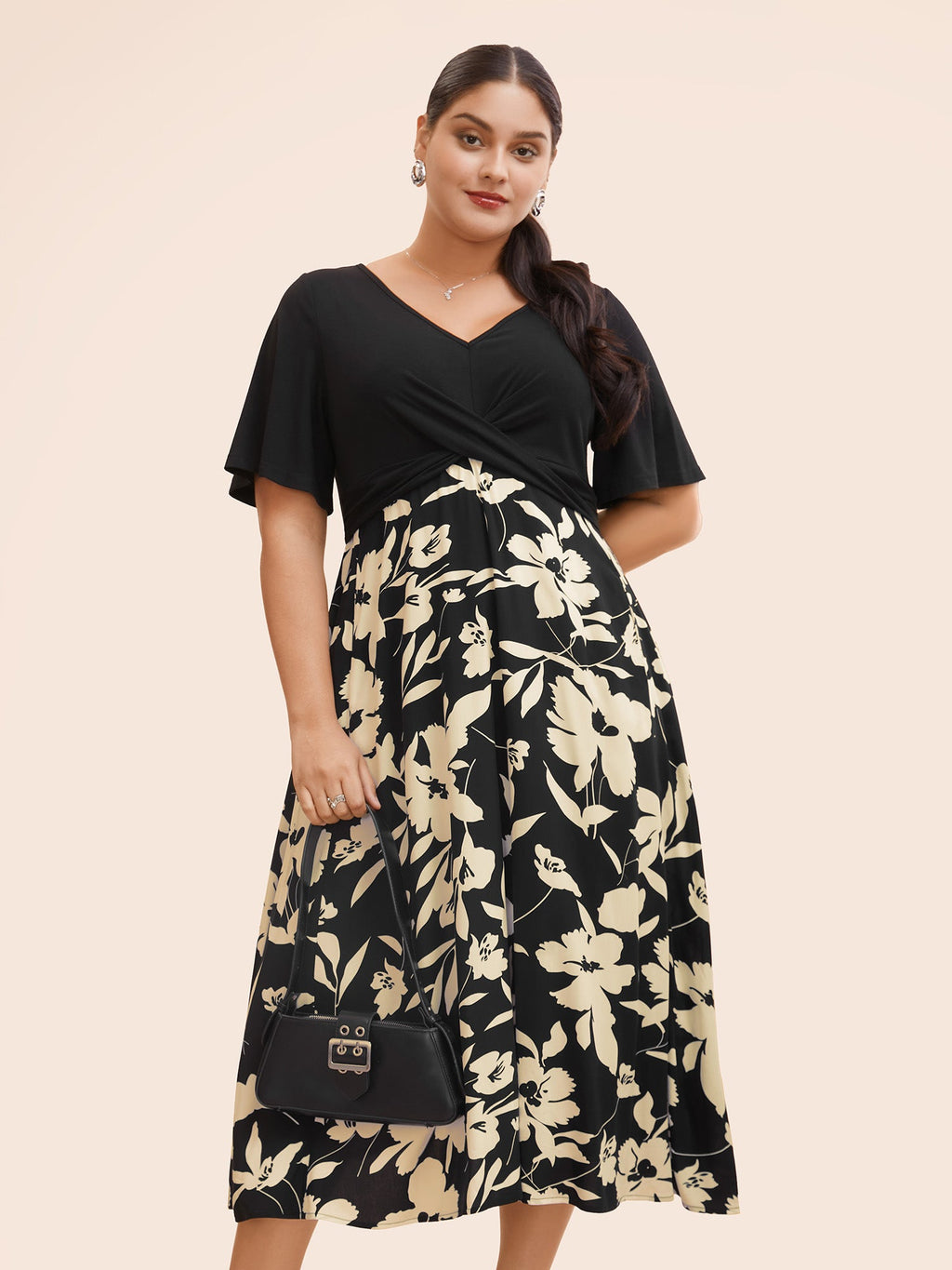 Silhouette Floral Print Patchwork Crossover Pocket Dress