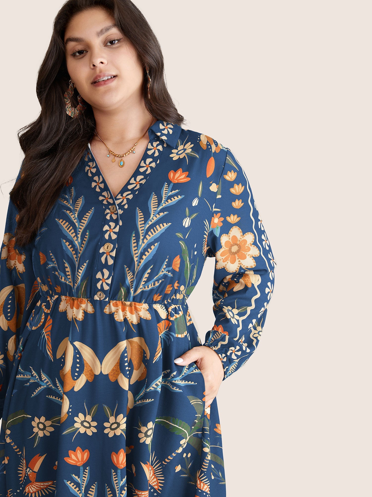 Bandana Print Pocket Lapel Collar Elastic Cuffs Dress