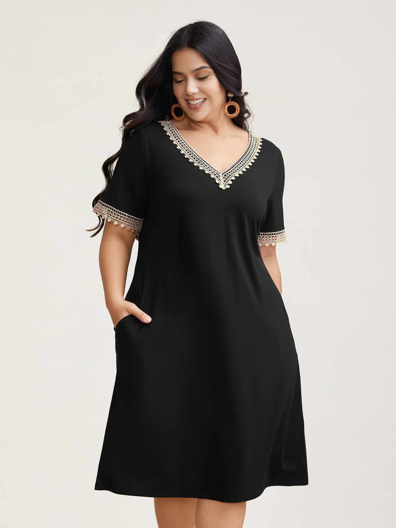 Super Soft V-Neck Lace Midi Dress