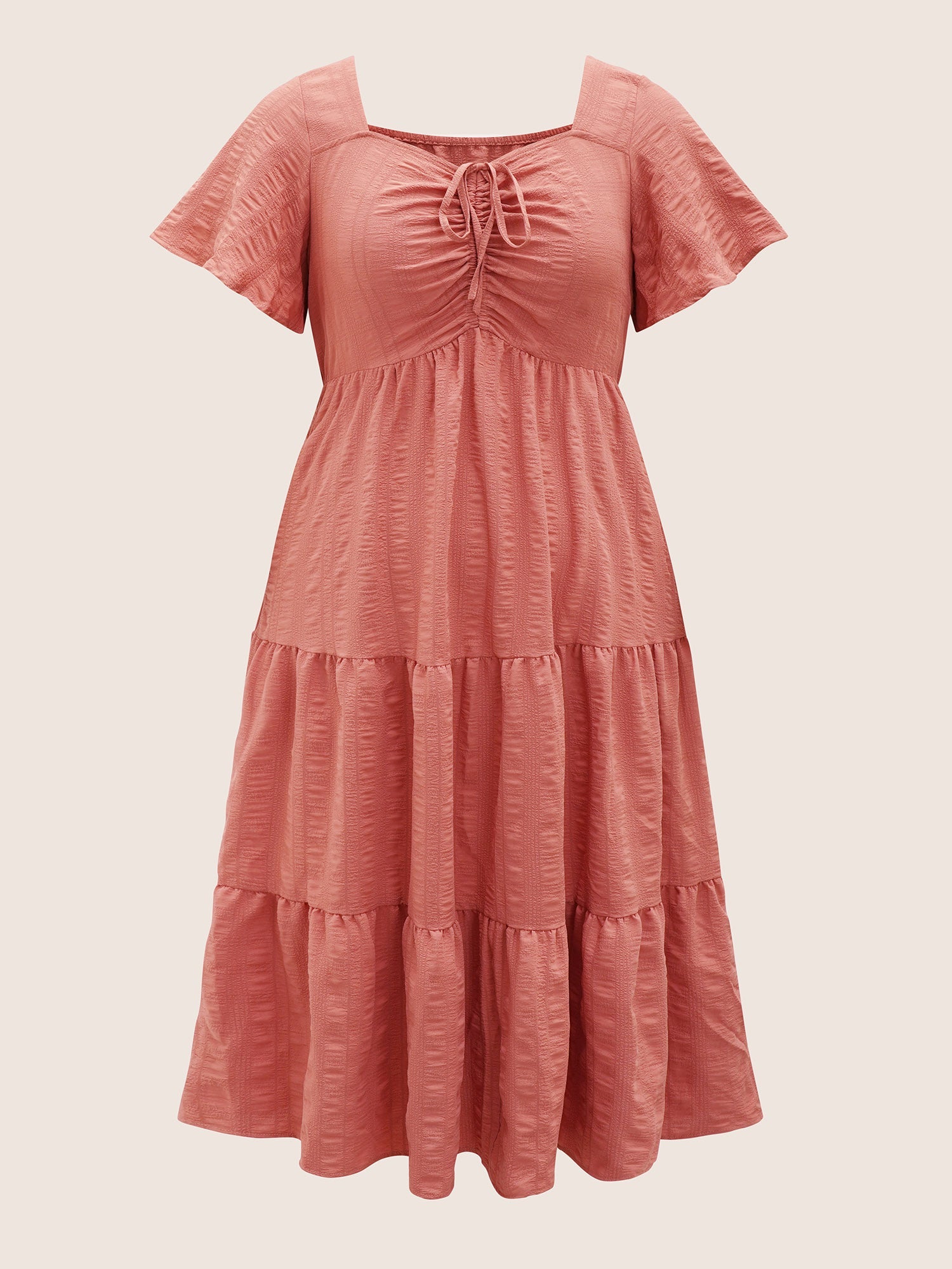 Plain Ruched Drawstring Pocket Ruffle Tiered Dress