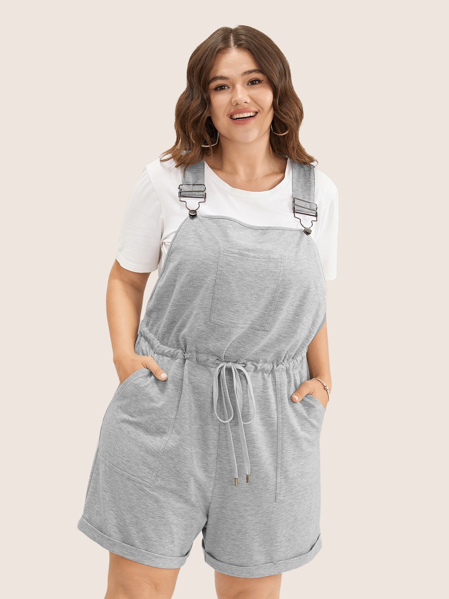 Solid Pocket Drawstring Overall Romper