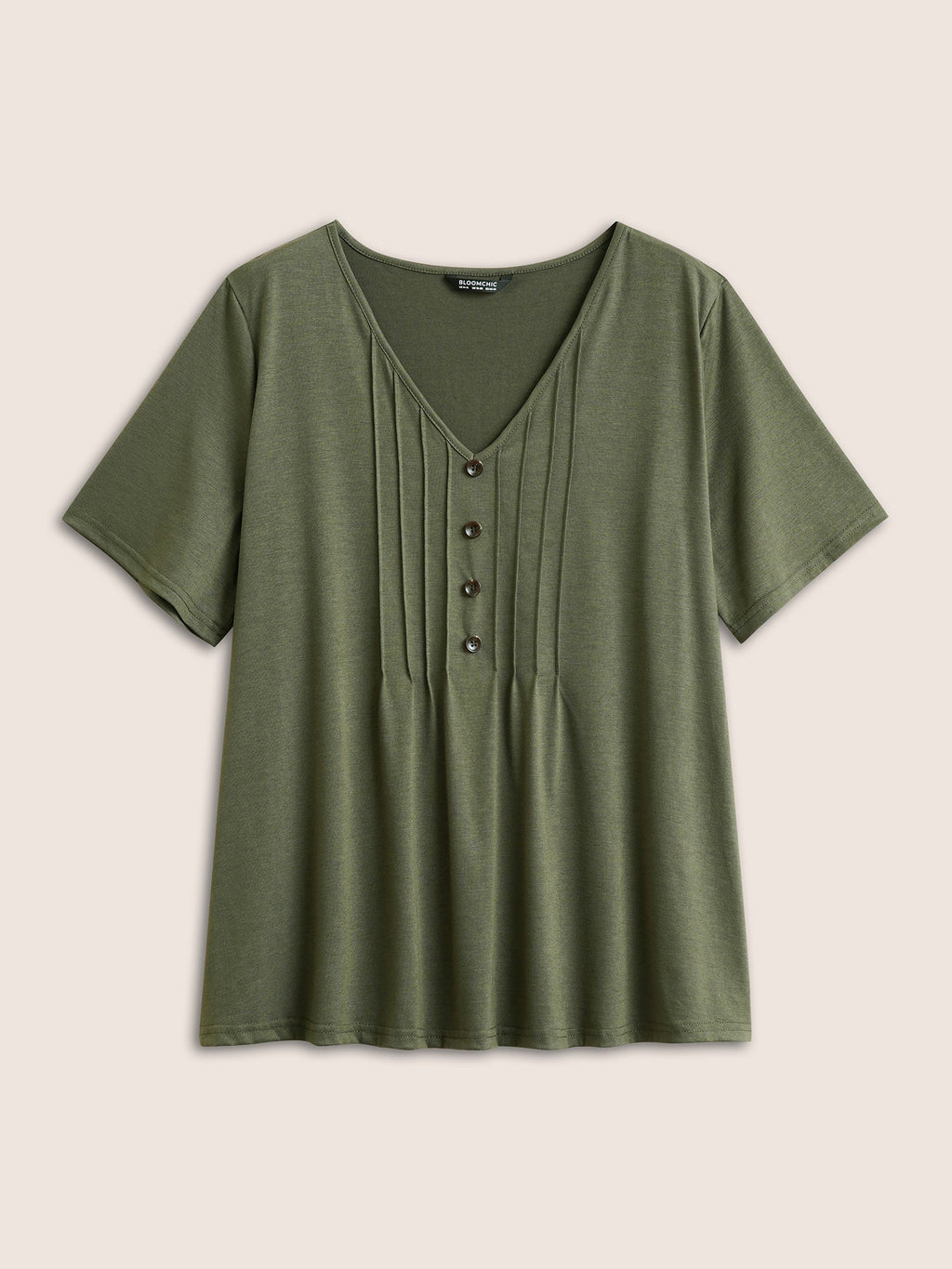 Solid Pleated Front Button Detail V Neck T-shirt