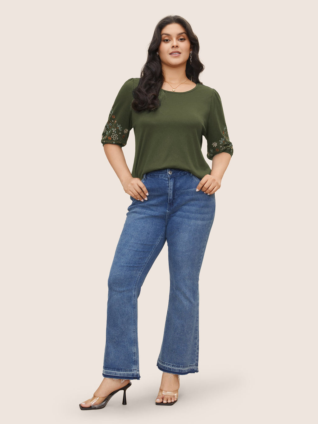 Floral Embroidered Crew Neck Puff Sleeve T-shirt