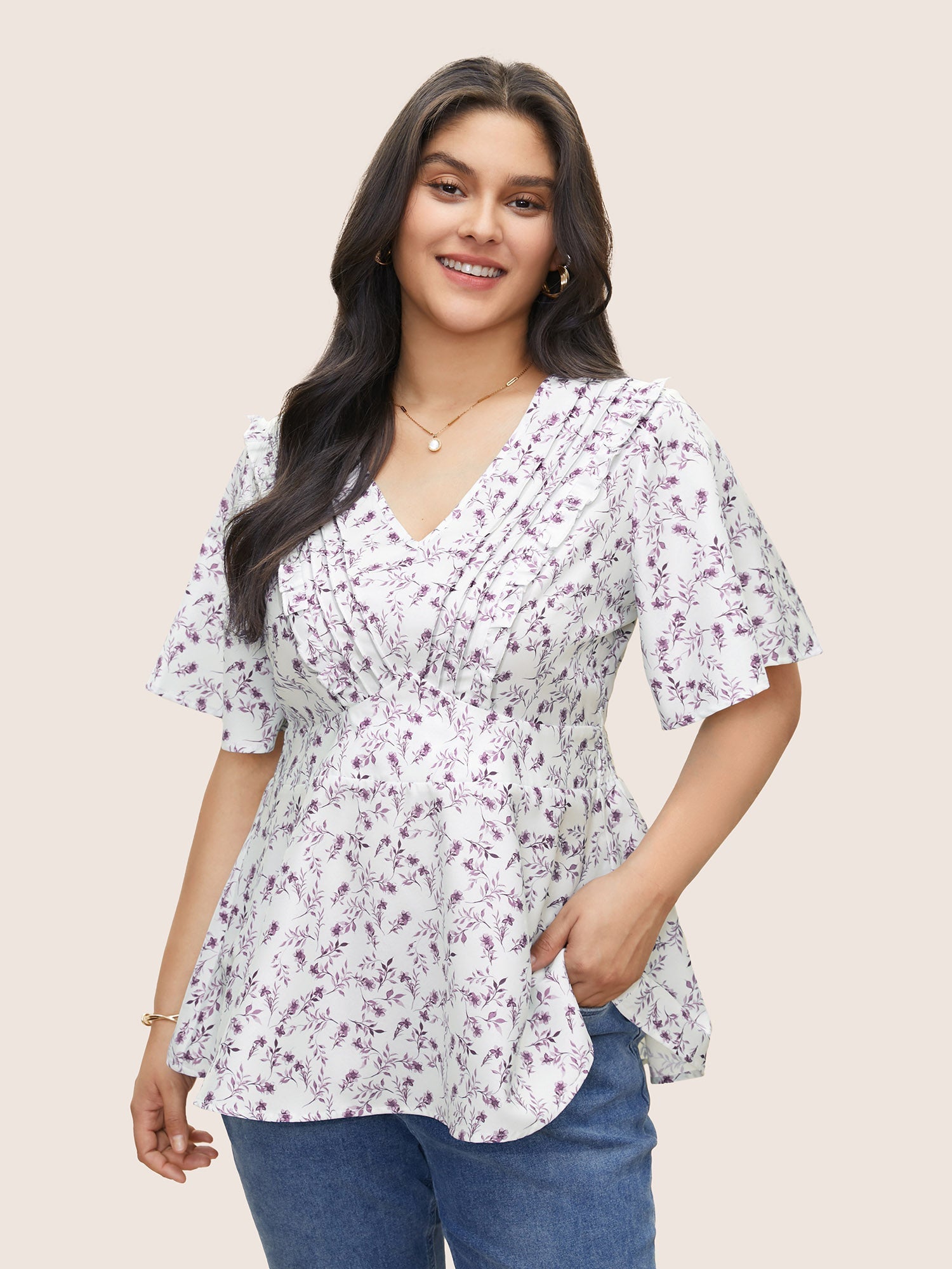 Floral Pleated Elastic Waist Ruffle Sleeve Blouse