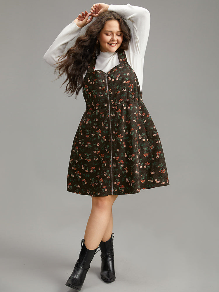 Ditsy Floral Corduroy Pocket Zipper Fly Cami Dress