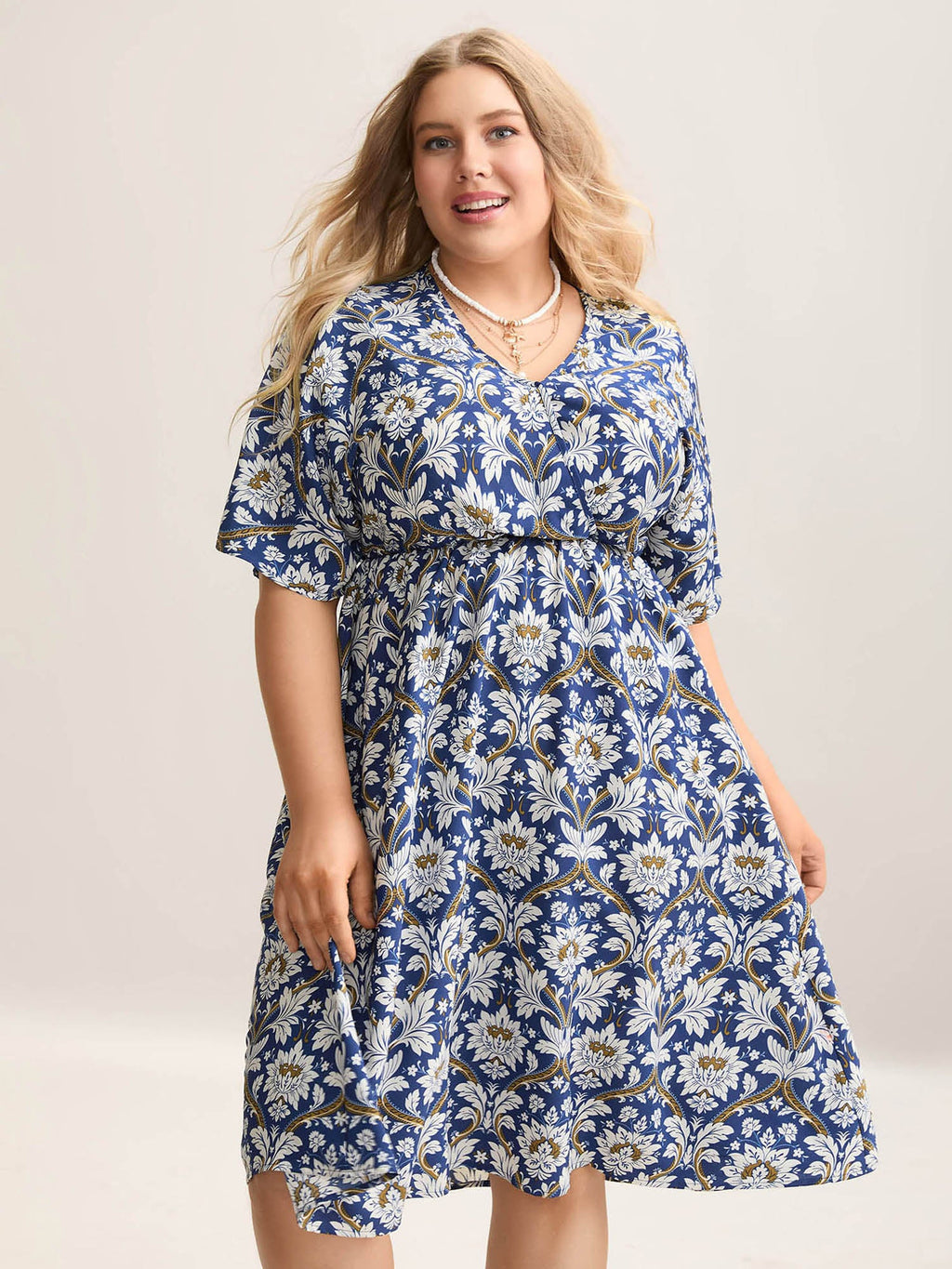 Boho Print Shirred Surplice Neck Midi Dress