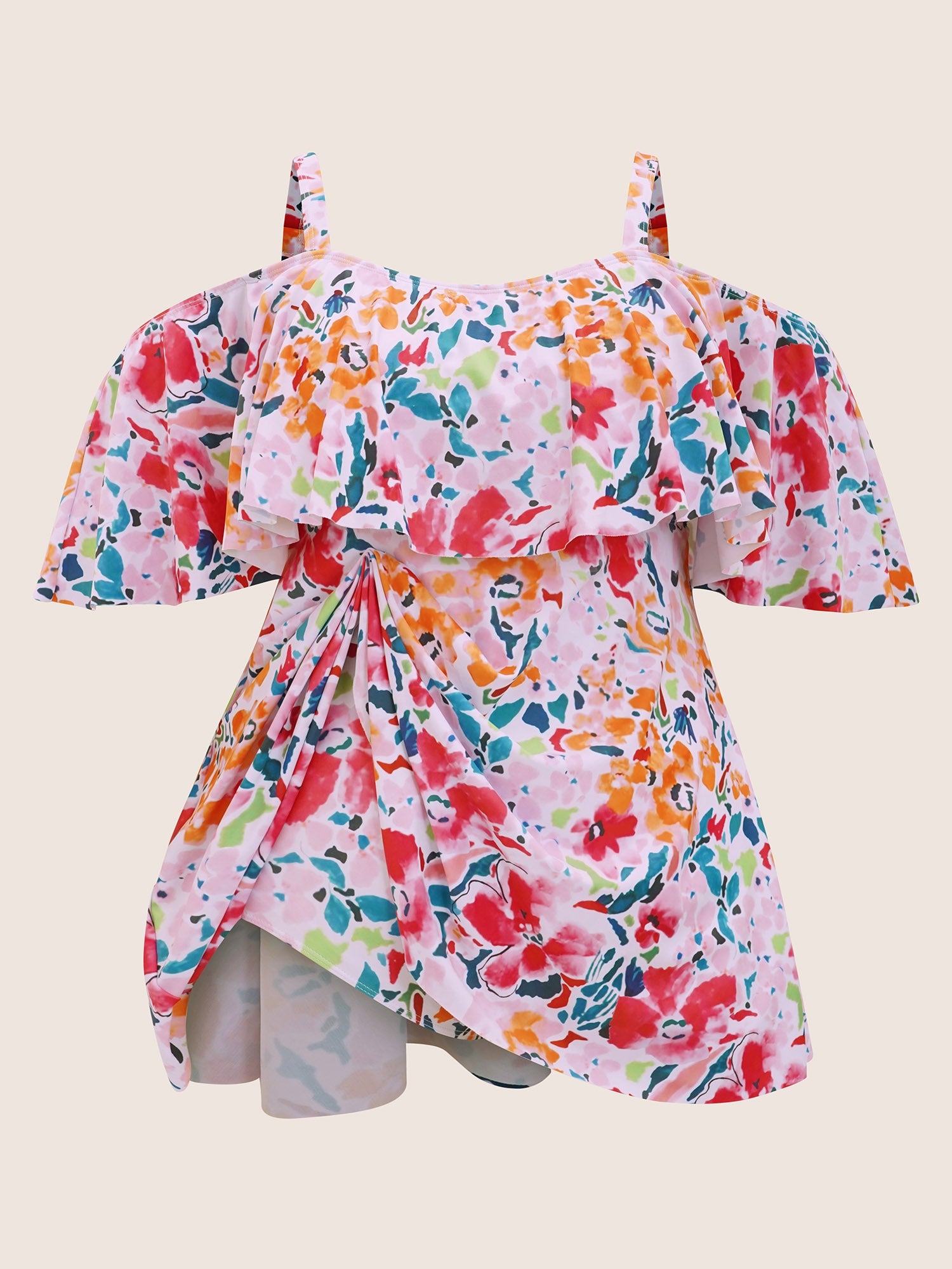 Tropical Adjustable Straps Cold Shoulder Ruffles Trim Swim Dress