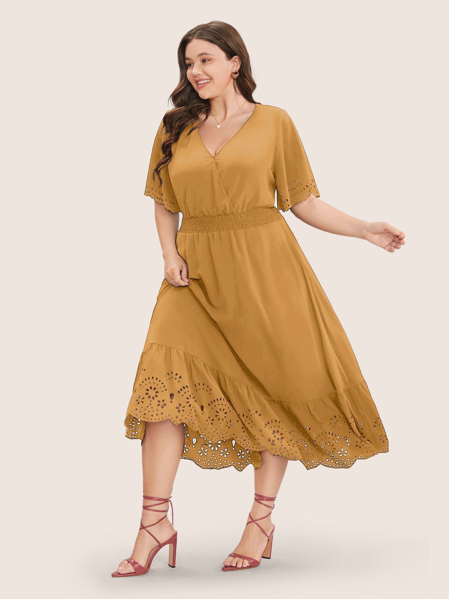 Solid Laser Cut Shirred Pocket Wrap Scalloped Trim Flutter Dress