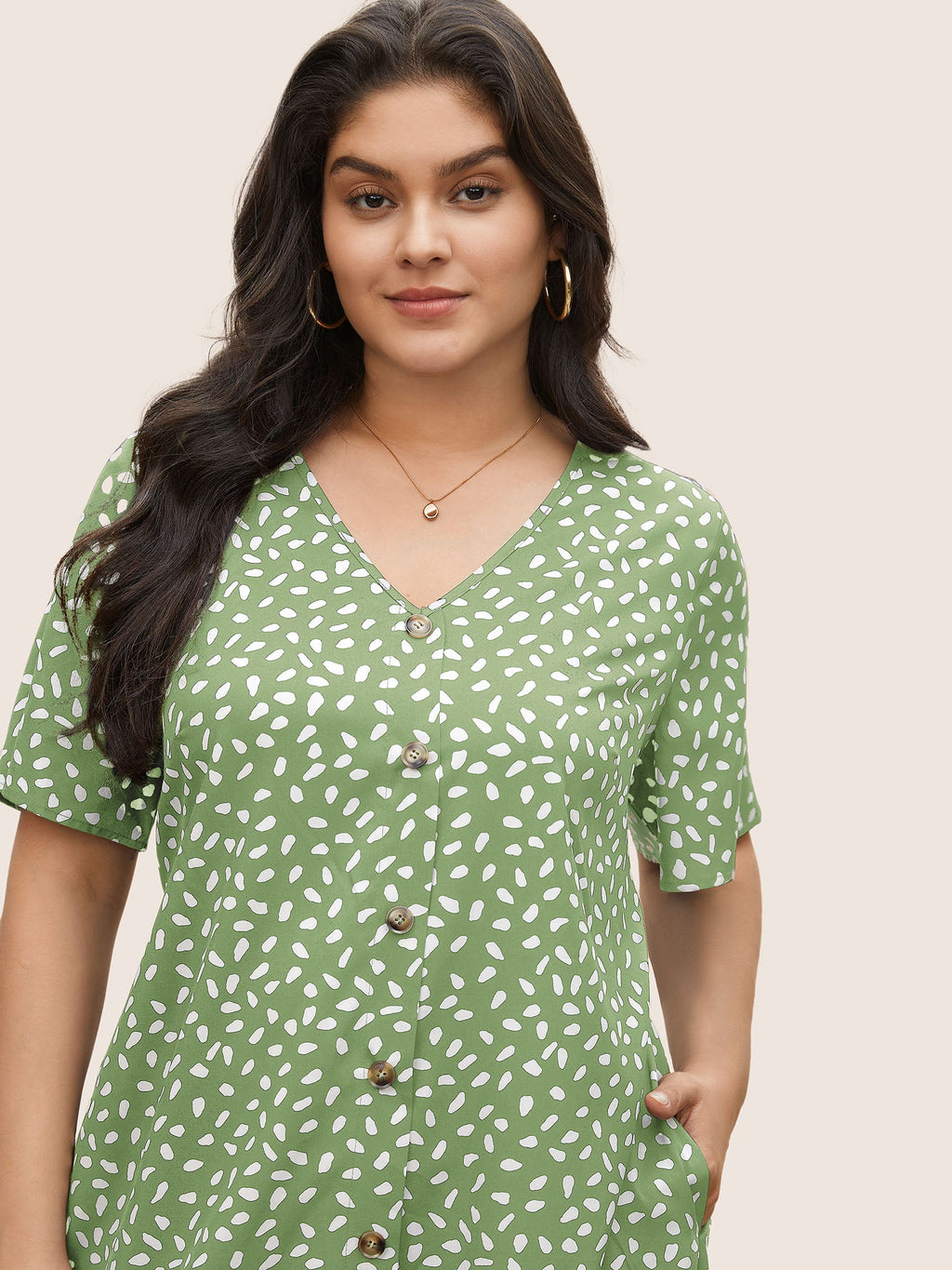 Polka Dot Button Detail Flutter Layered Hem Dress