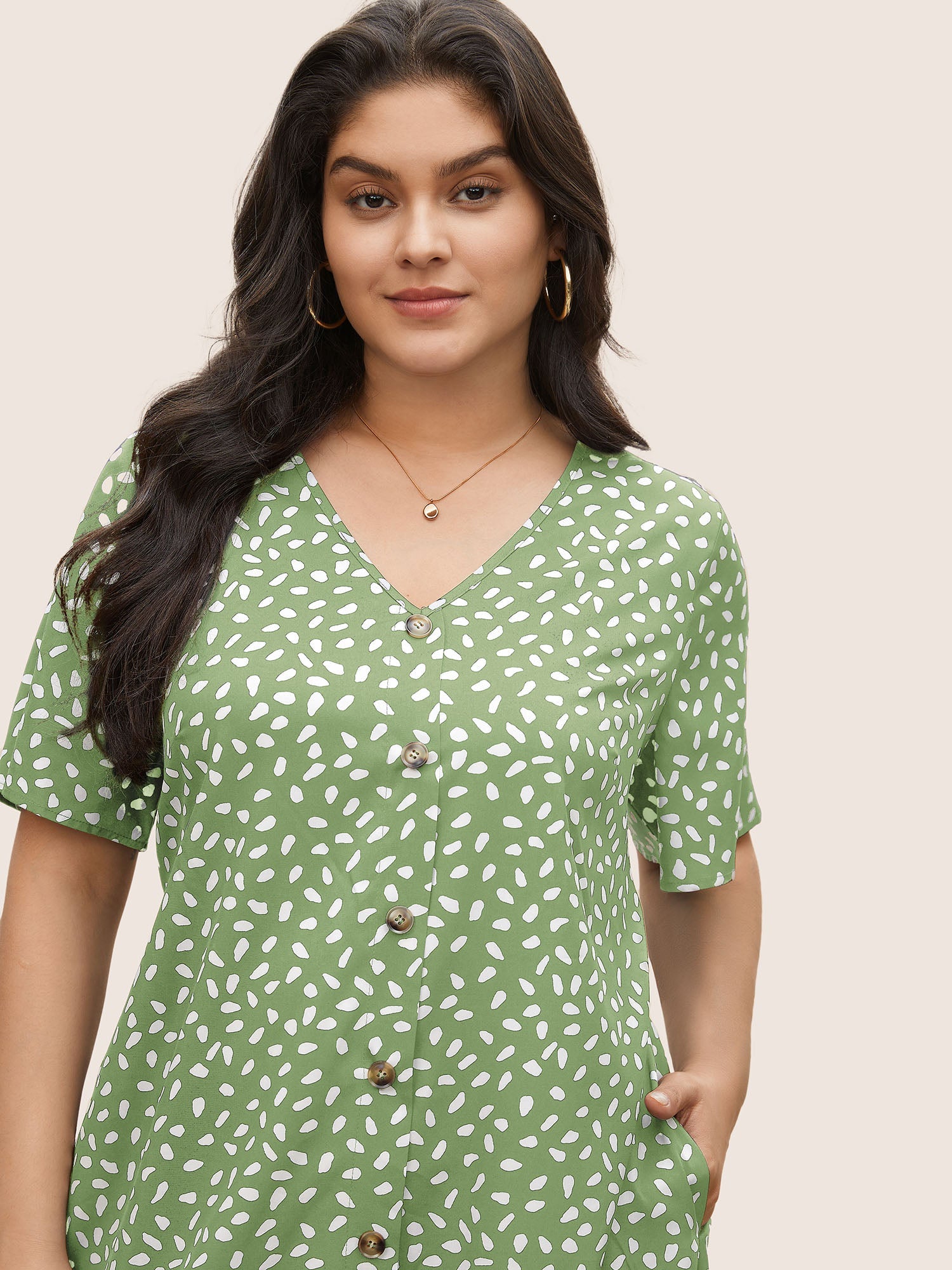Polka Dot Button Detail Flutter Layered Hem Dress