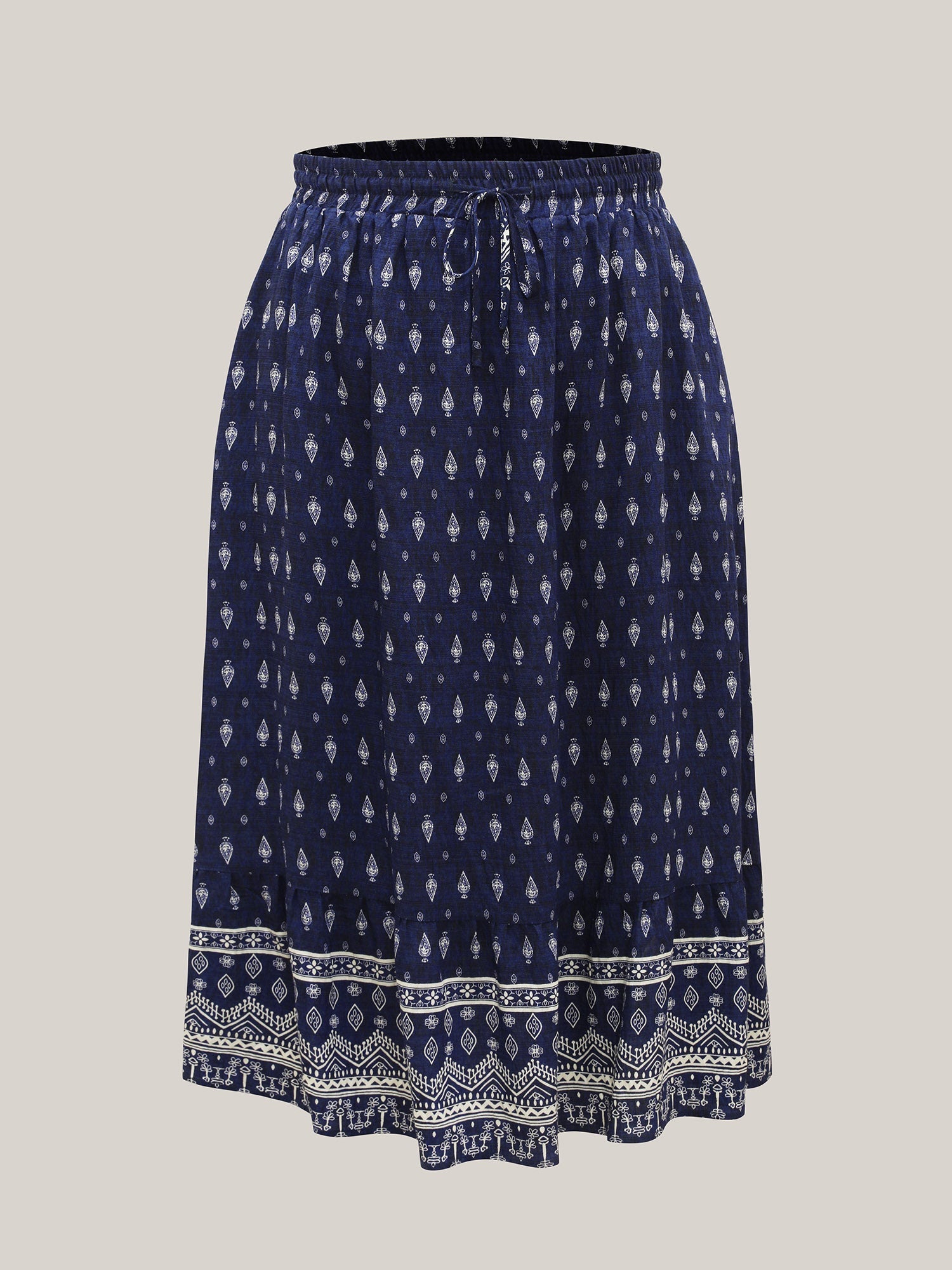 Boho Print Pleated Drawstring Midi Skirt