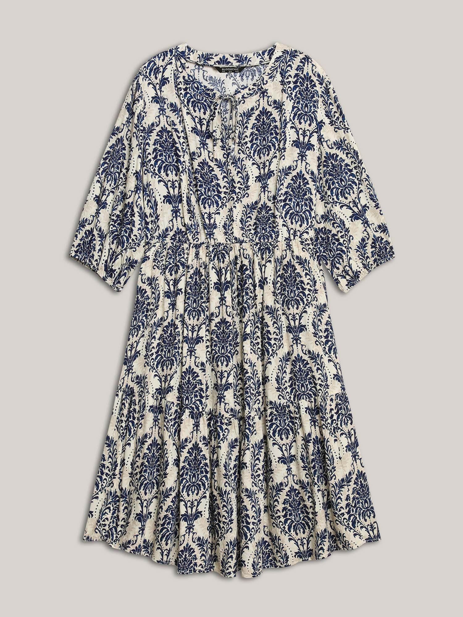 Boho Print Tie Knot Puff Sleeve Dress