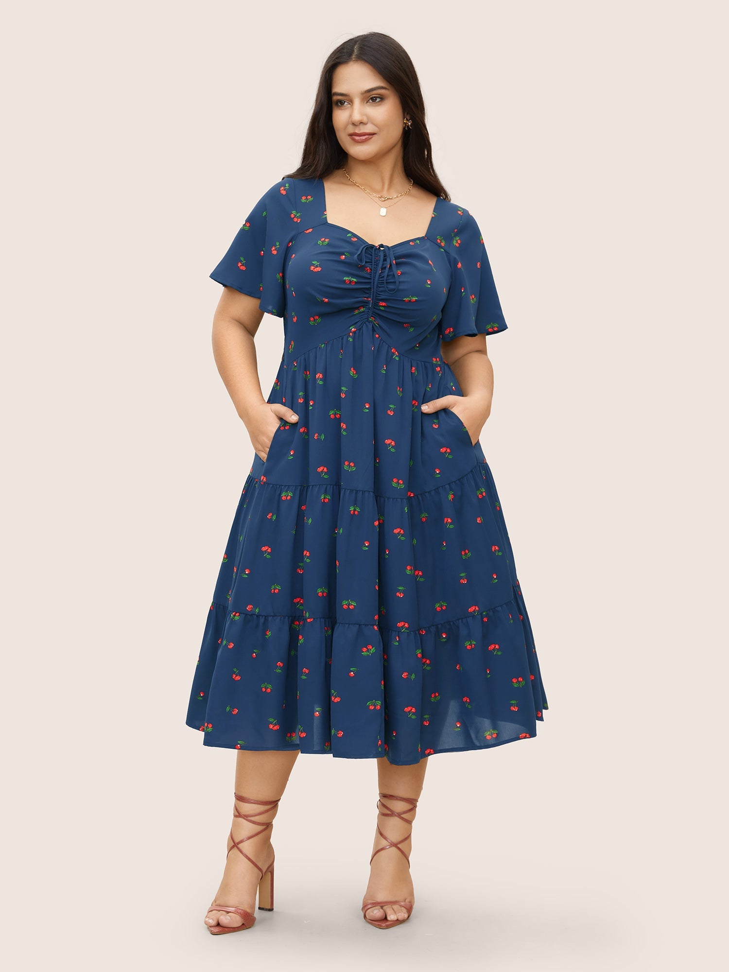 Citrus Fruit Print Heart Neckline Drawstring Pleated Dress