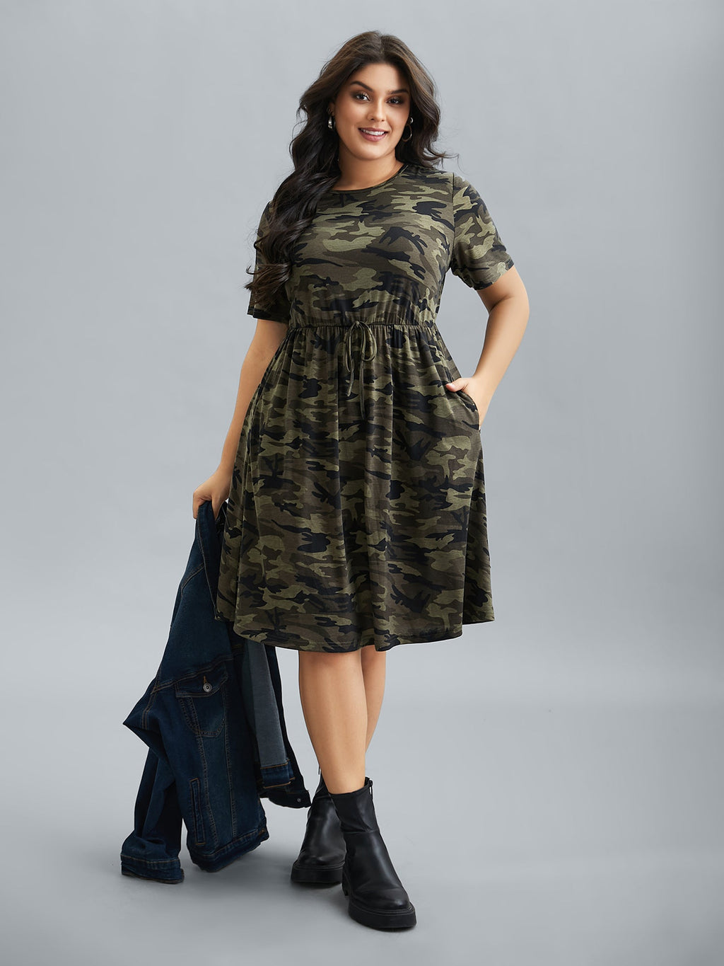 Camouflage Print Round Neck Pockets Midi Dress