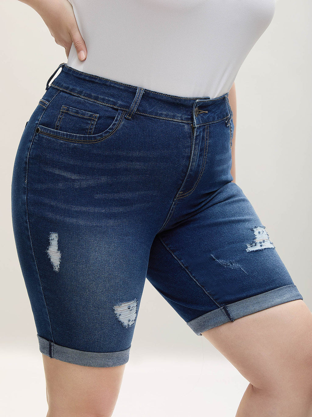 Ripped Straight-Leg Denim Shorts