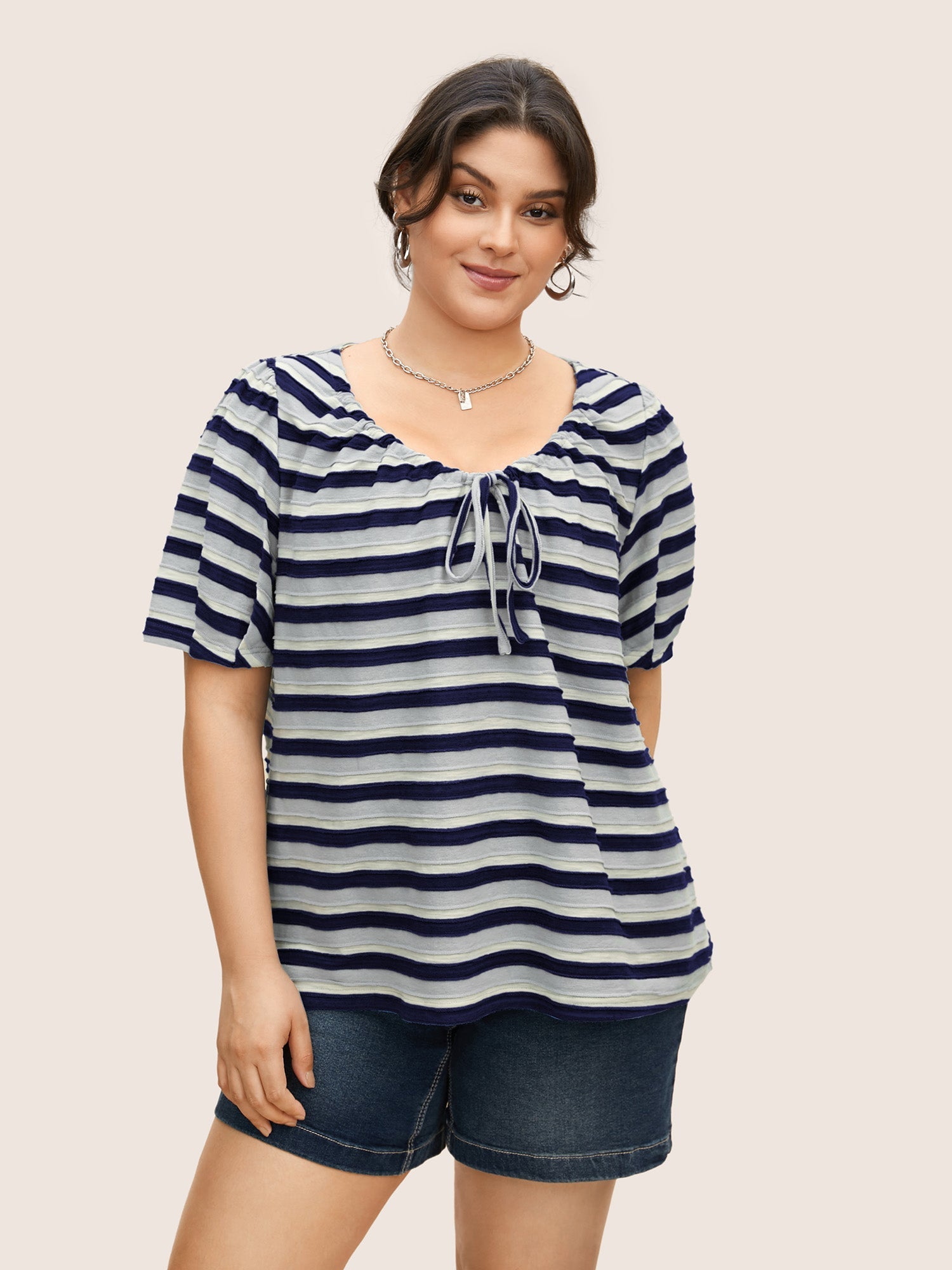 V Neck Textured Striped Tie Knot T-shirt