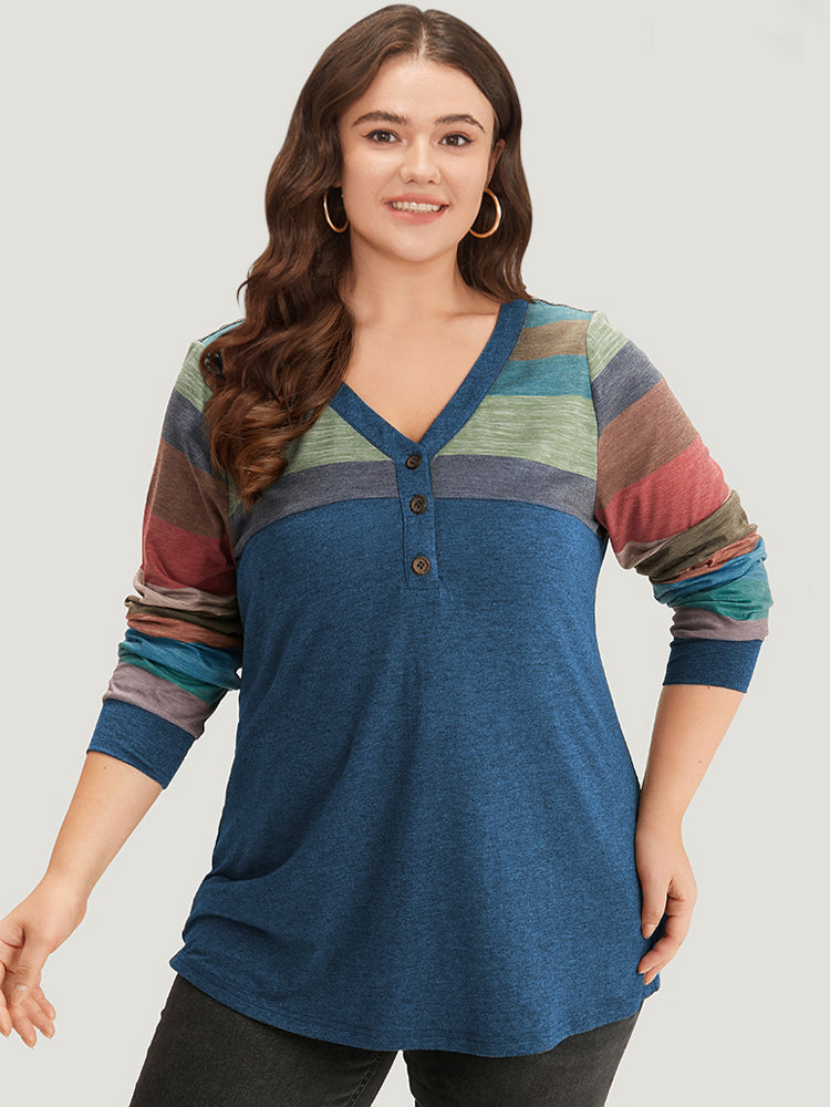 Colorblock Contrast V Neck Button Up T-shirt