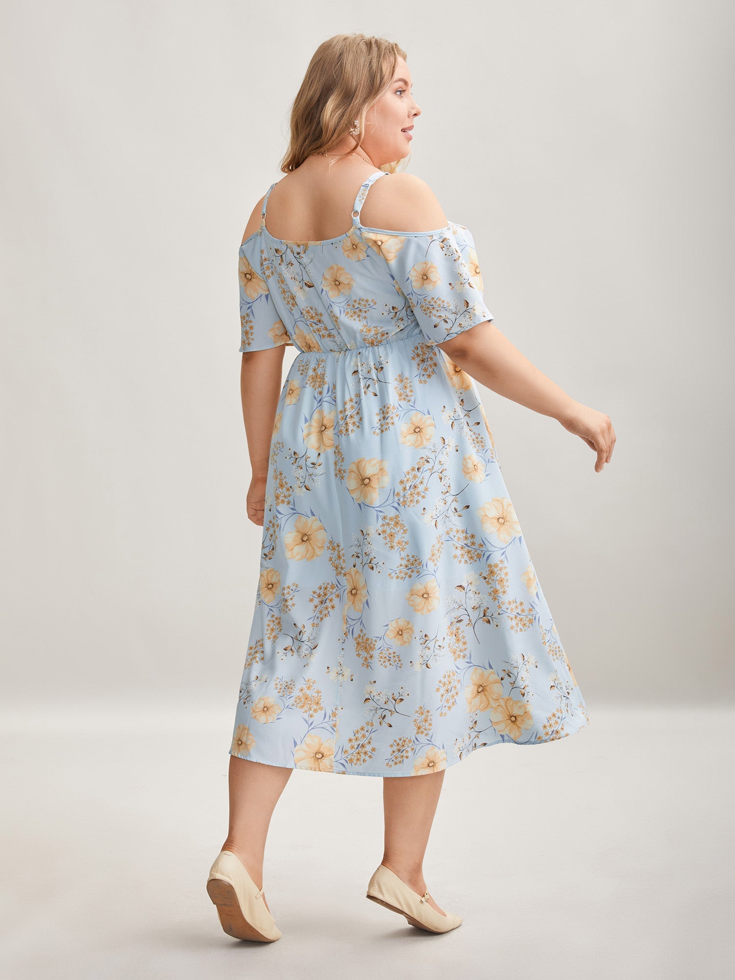 Floral Print Cold-Shoulder Pockets Midi Dress