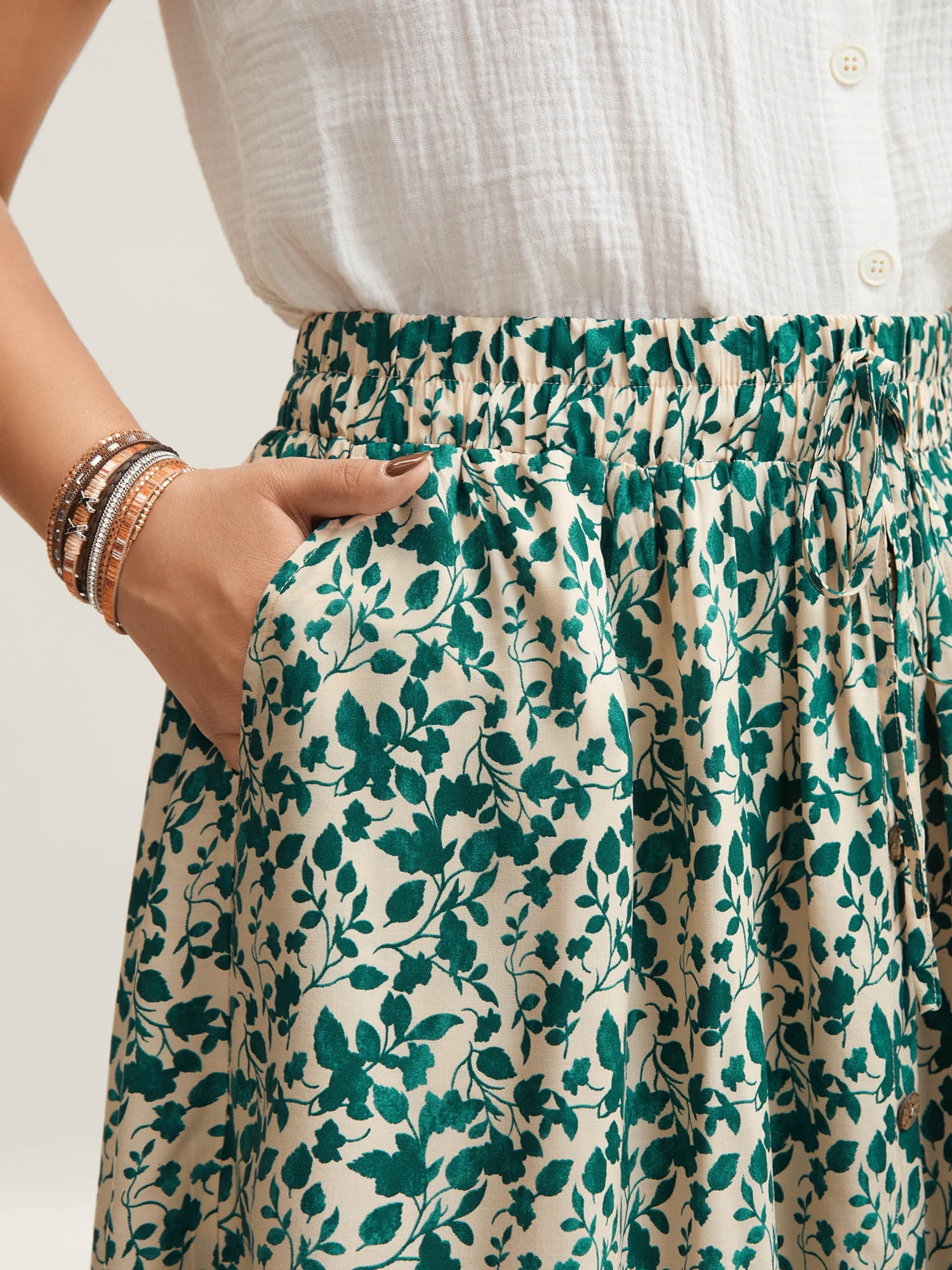 Stretchy Waist Boho Print Tied Midi Skirt