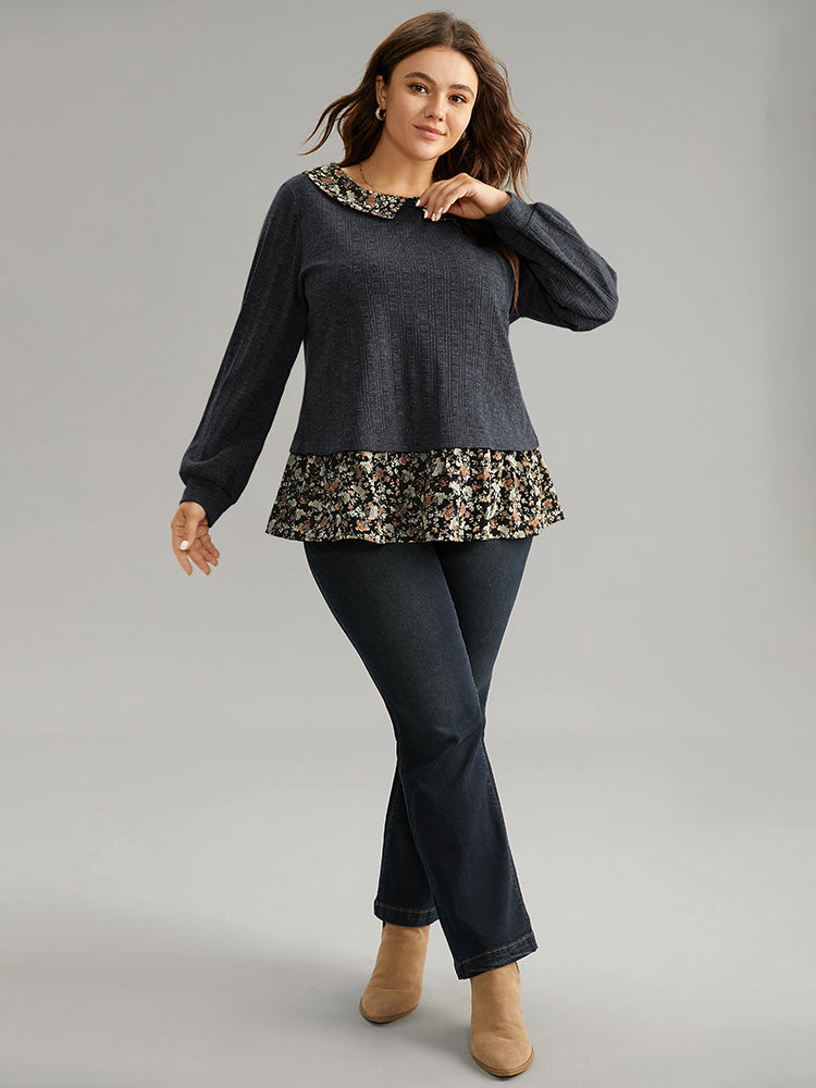 Ditsy Floral Patchwork Button Detail Lapel Collar T-shirt