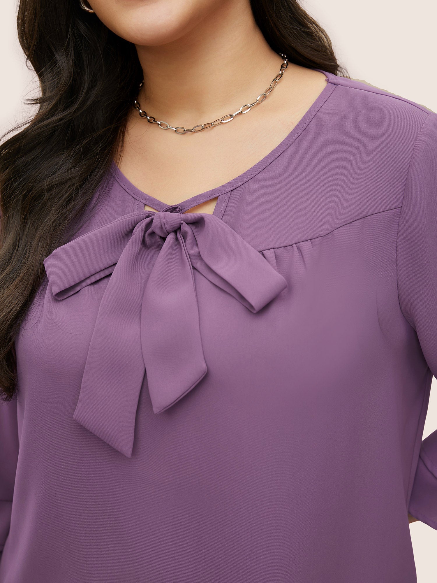 Solid Ribbon Tied Collar Bell Sleeve Blouse