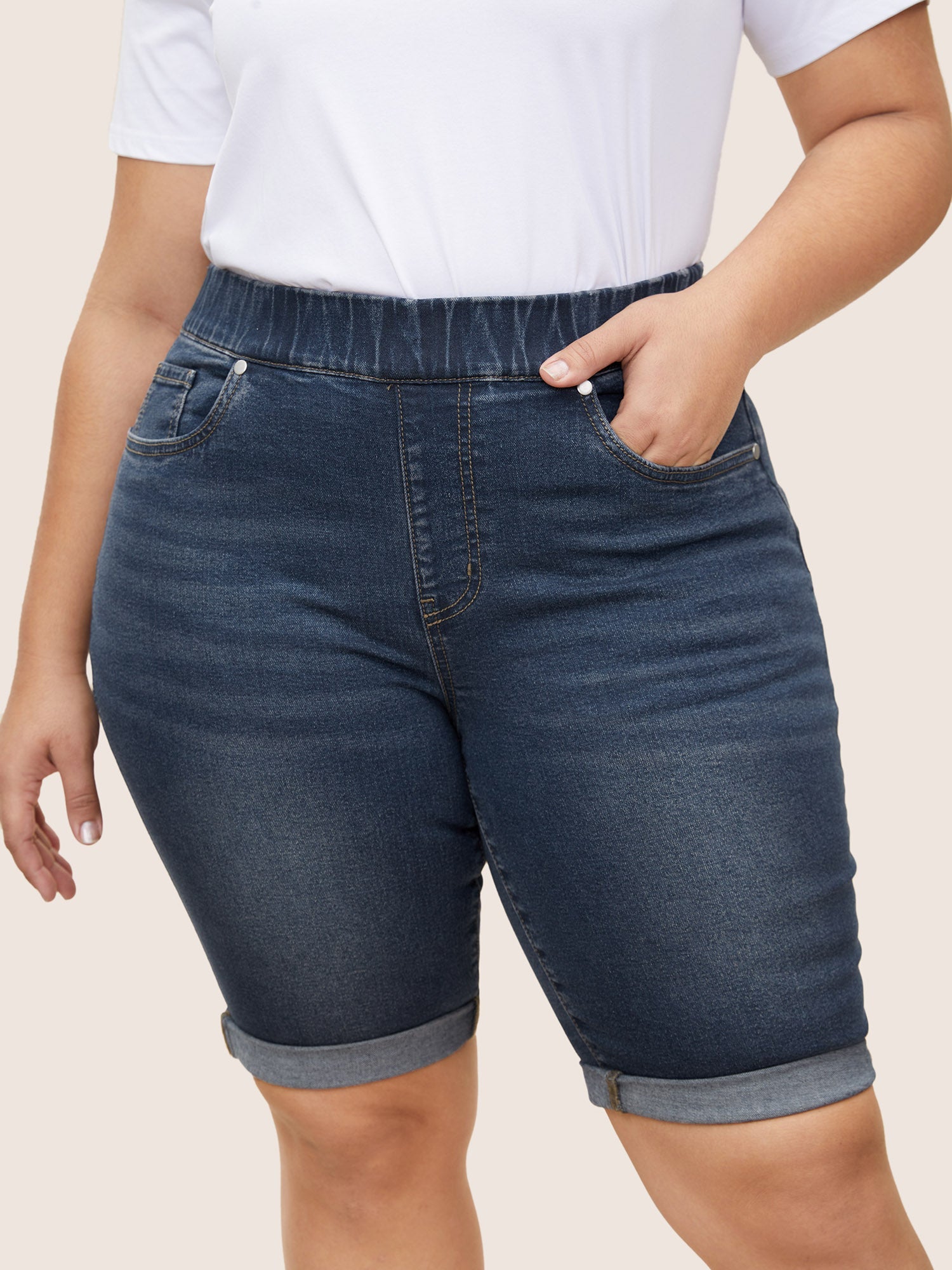 Roll Hem Elastic Waist Dark Wash Denim Shorts