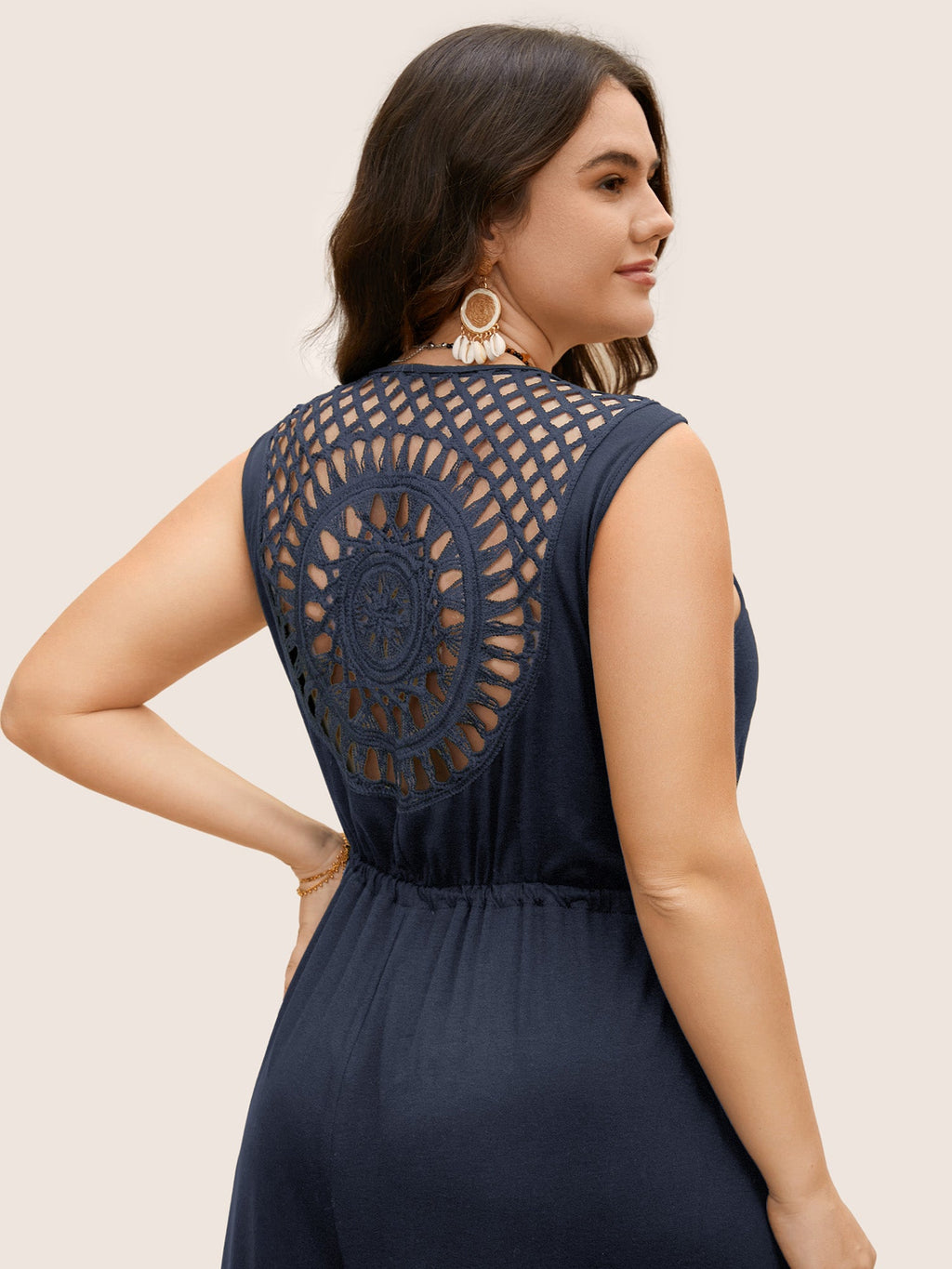 V Neck Crocheted Cut Out Jumpsuit