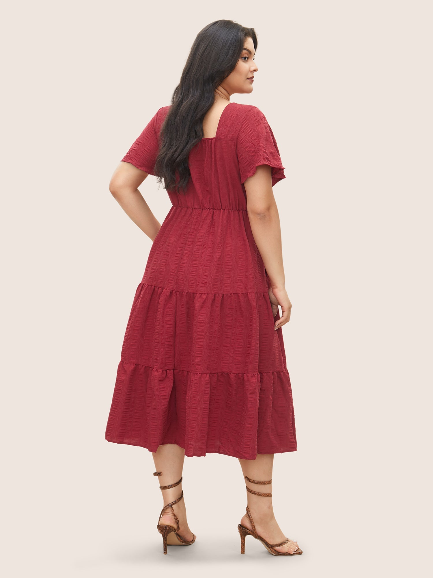 Plain Ruched Drawstring Pocket Ruffle Tiered Dress