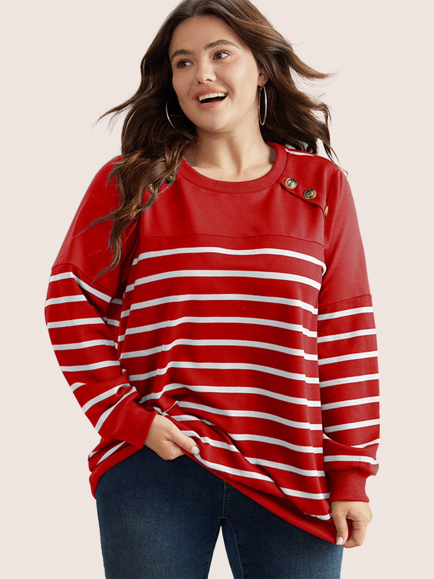 Striped Patchwork Button Detail Sweatshirt