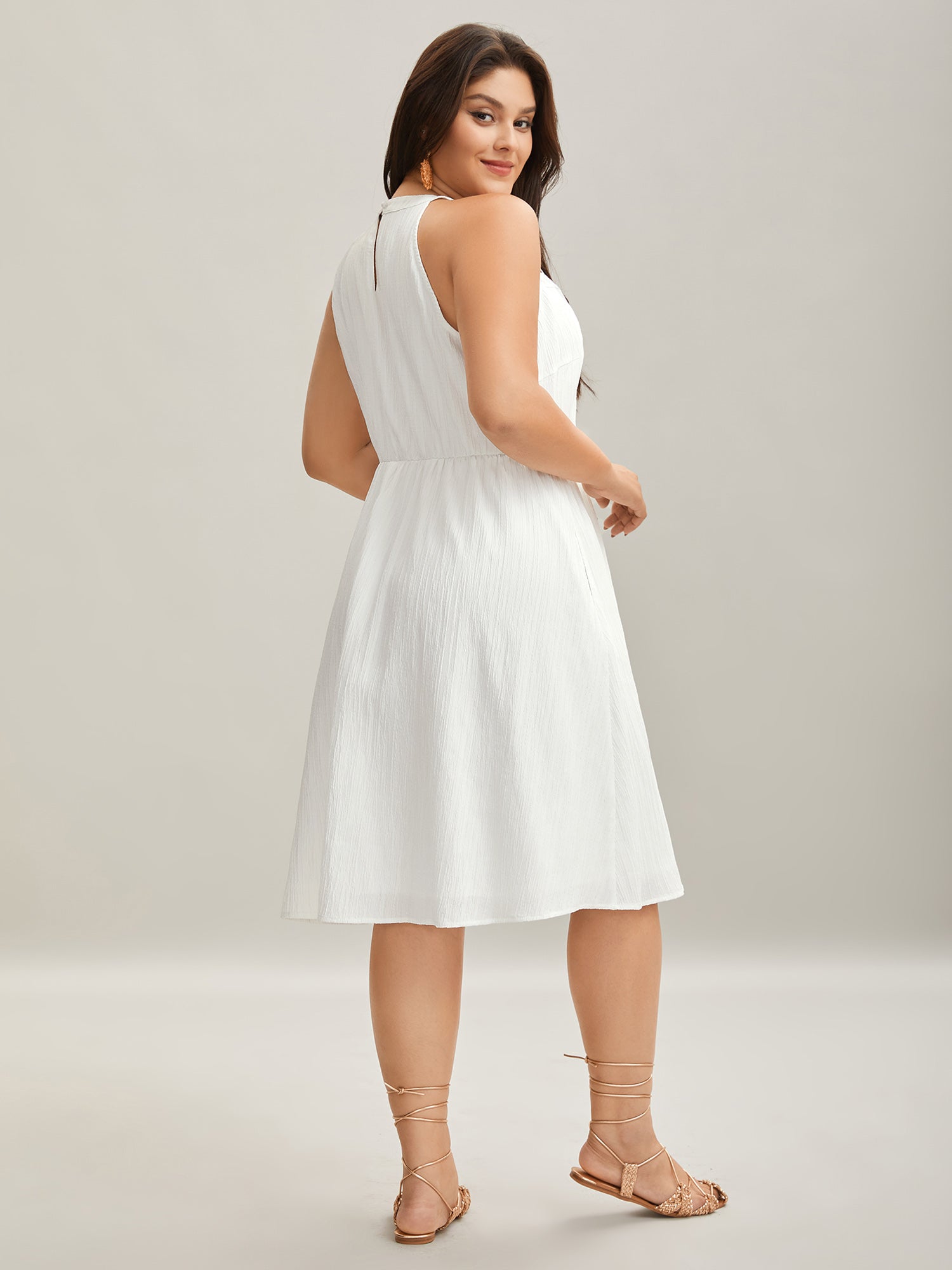 Neck Cut-Out Pockets A-Line Midi Dress
