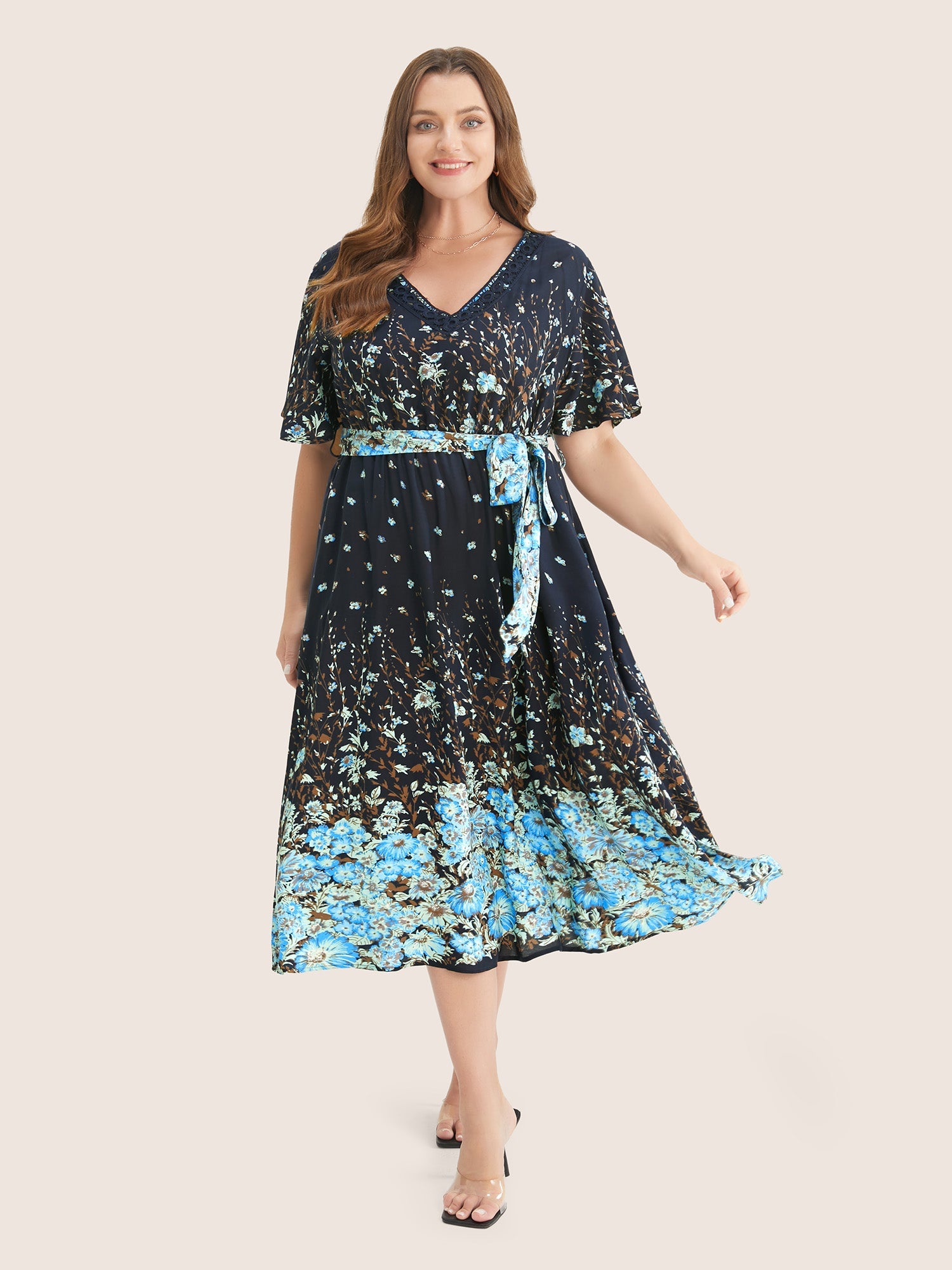 Floral & Butterfly Print Contrast Lace Pocket Belted Ruffles Dress