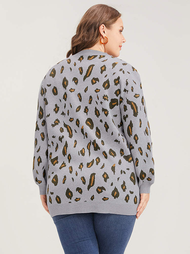 Leopard Super Soft Knit Pocket Jacquard Open Front Cardigan