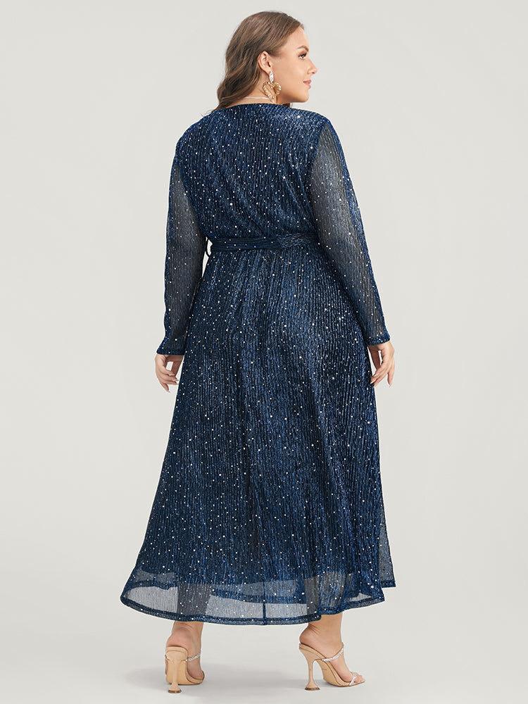 Solid Pocket Wrap Belted Sequin Mesh Maxi Dress