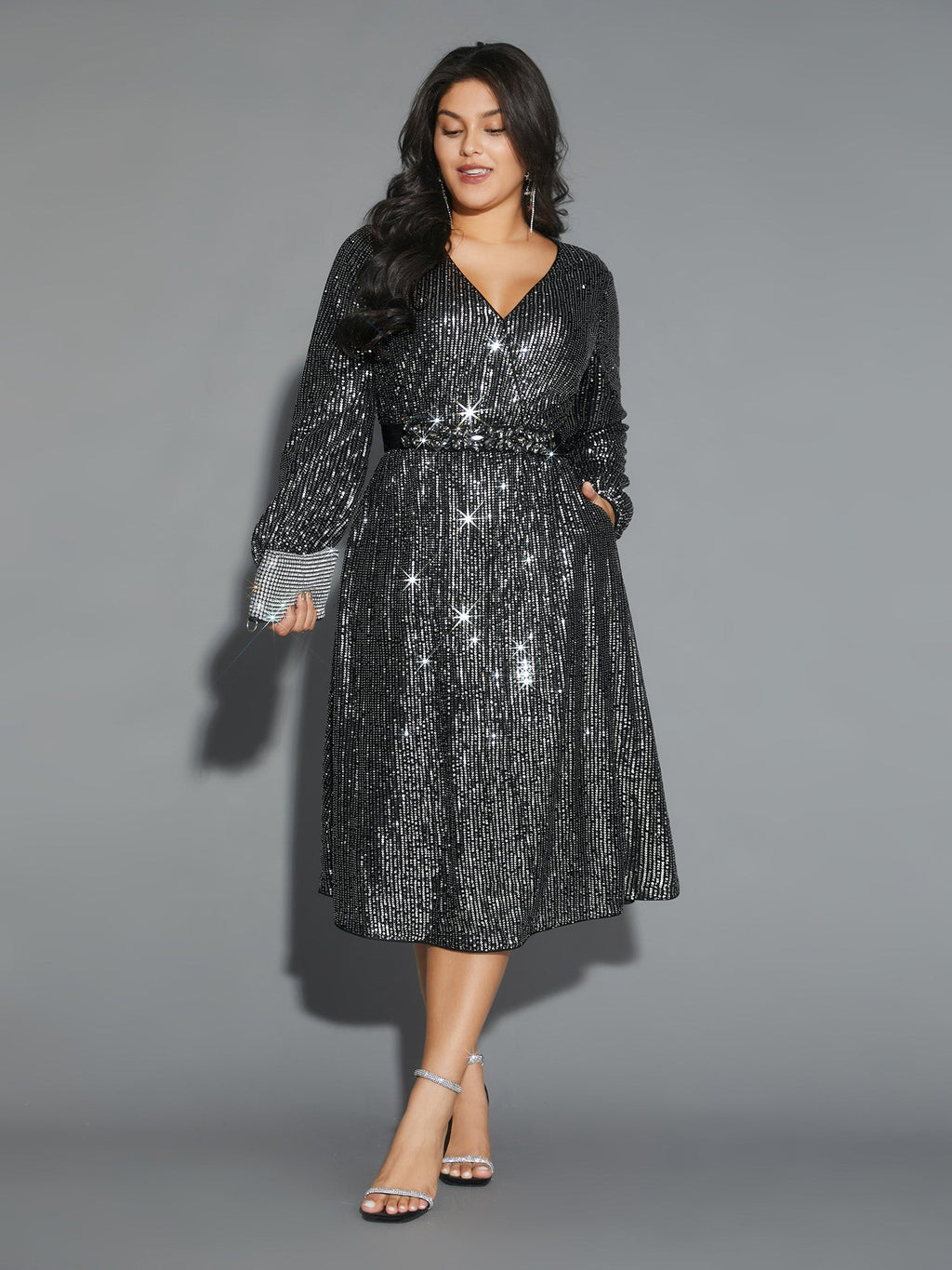 Solid Pocket Lantern Sleeve Wrap Sequin Dress