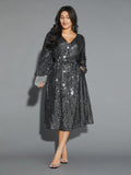 Solid Pocket Lantern Sleeve Wrap Sequin Dress