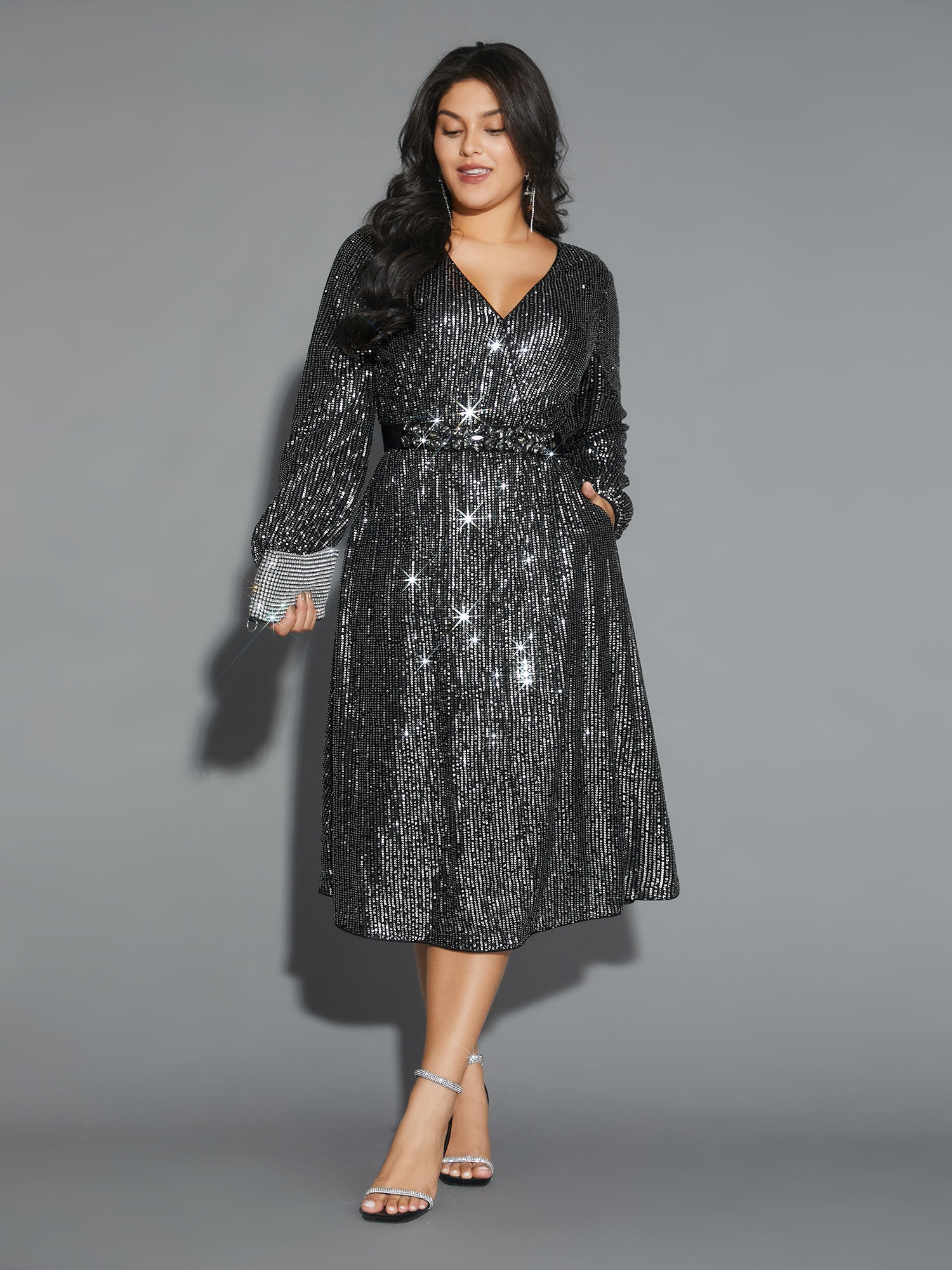 Solid Pocket Lantern Sleeve Wrap Sequin Dress