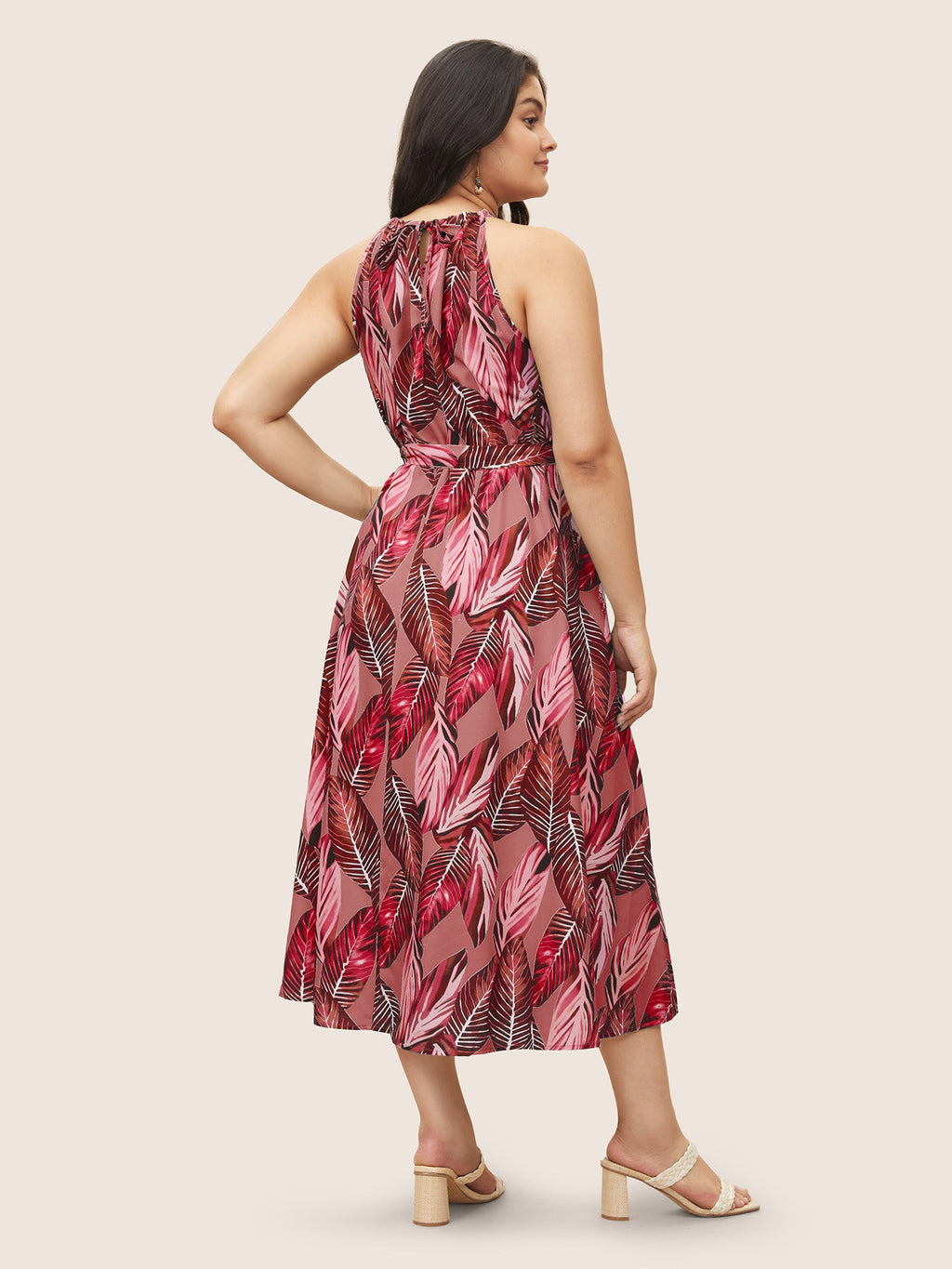 Tropical Print Knotted Pocket Ruffles Belted Halter Dress