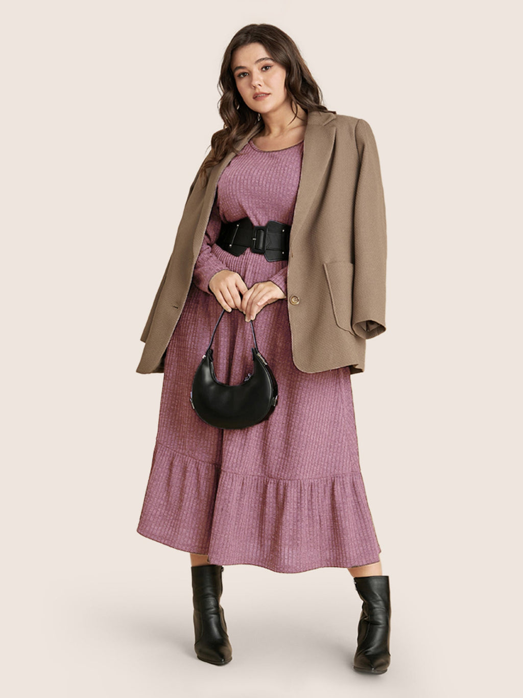 Solid Pocket Rib Knit Ruffle Hem Dress Without Belt