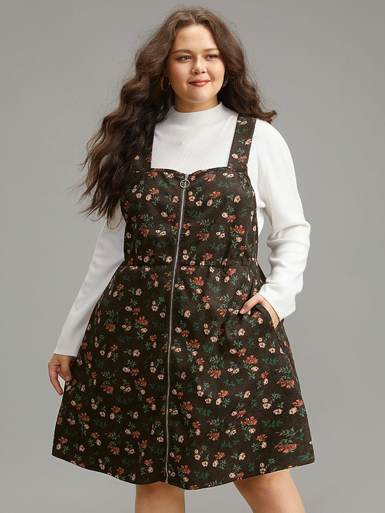 Ditsy Floral Corduroy Pocket Zipper Fly Cami Dress