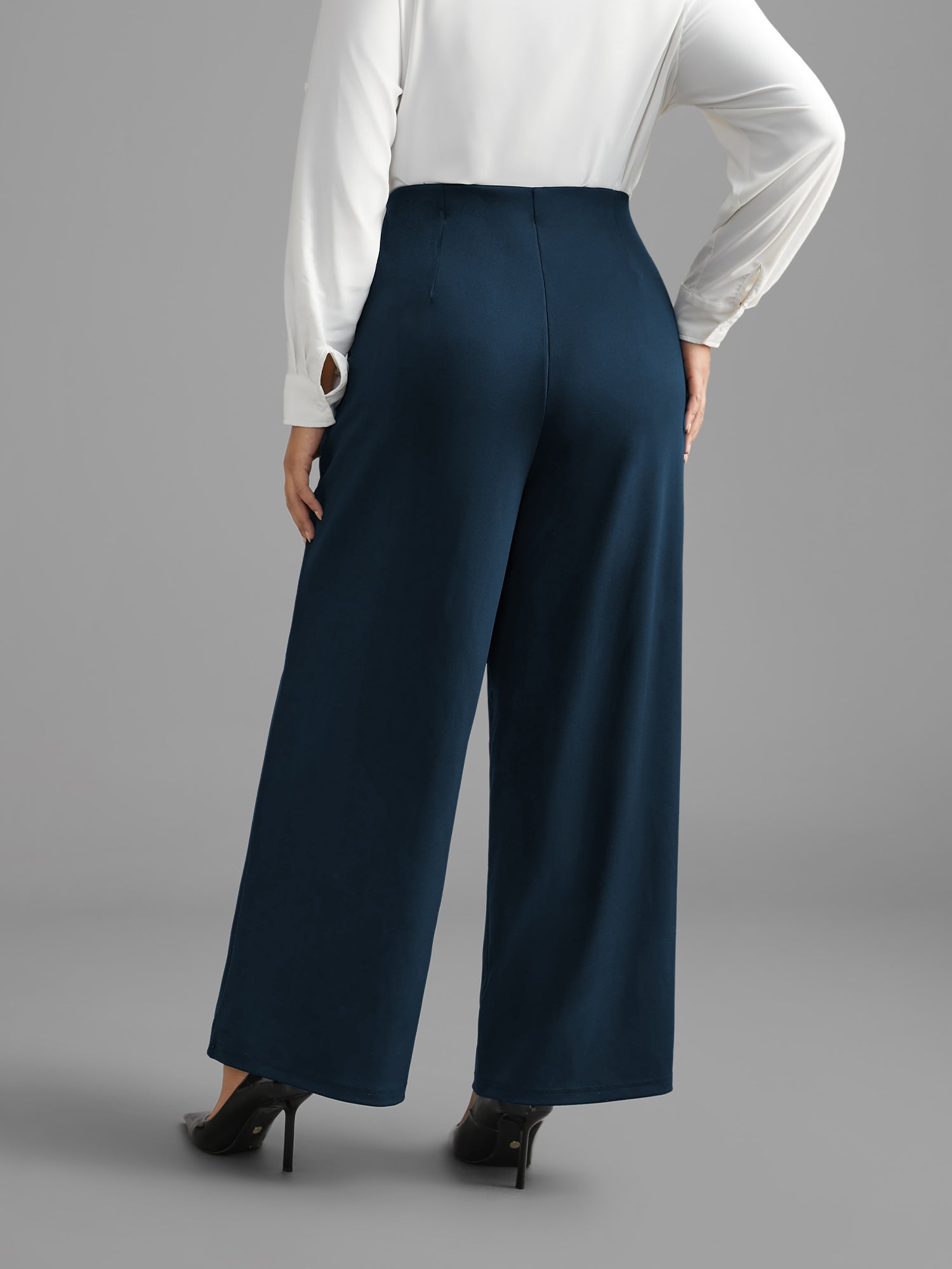 Solid Elastic Waist Pleated Wide Leg Pants