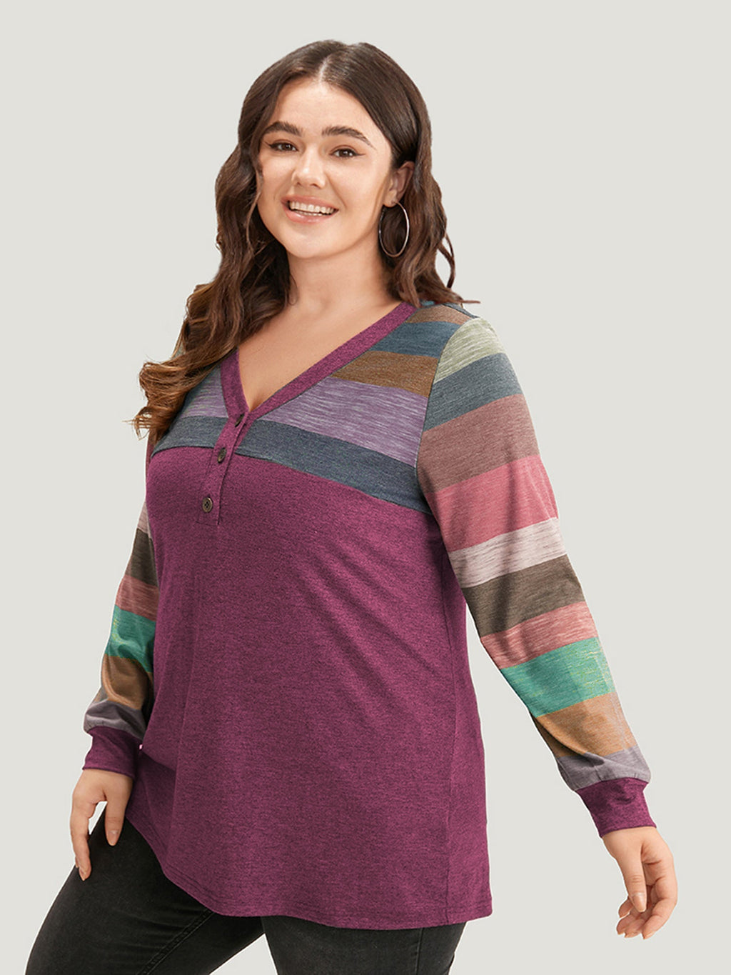 Colorblock Contrast V Neck Button Up T-shirt