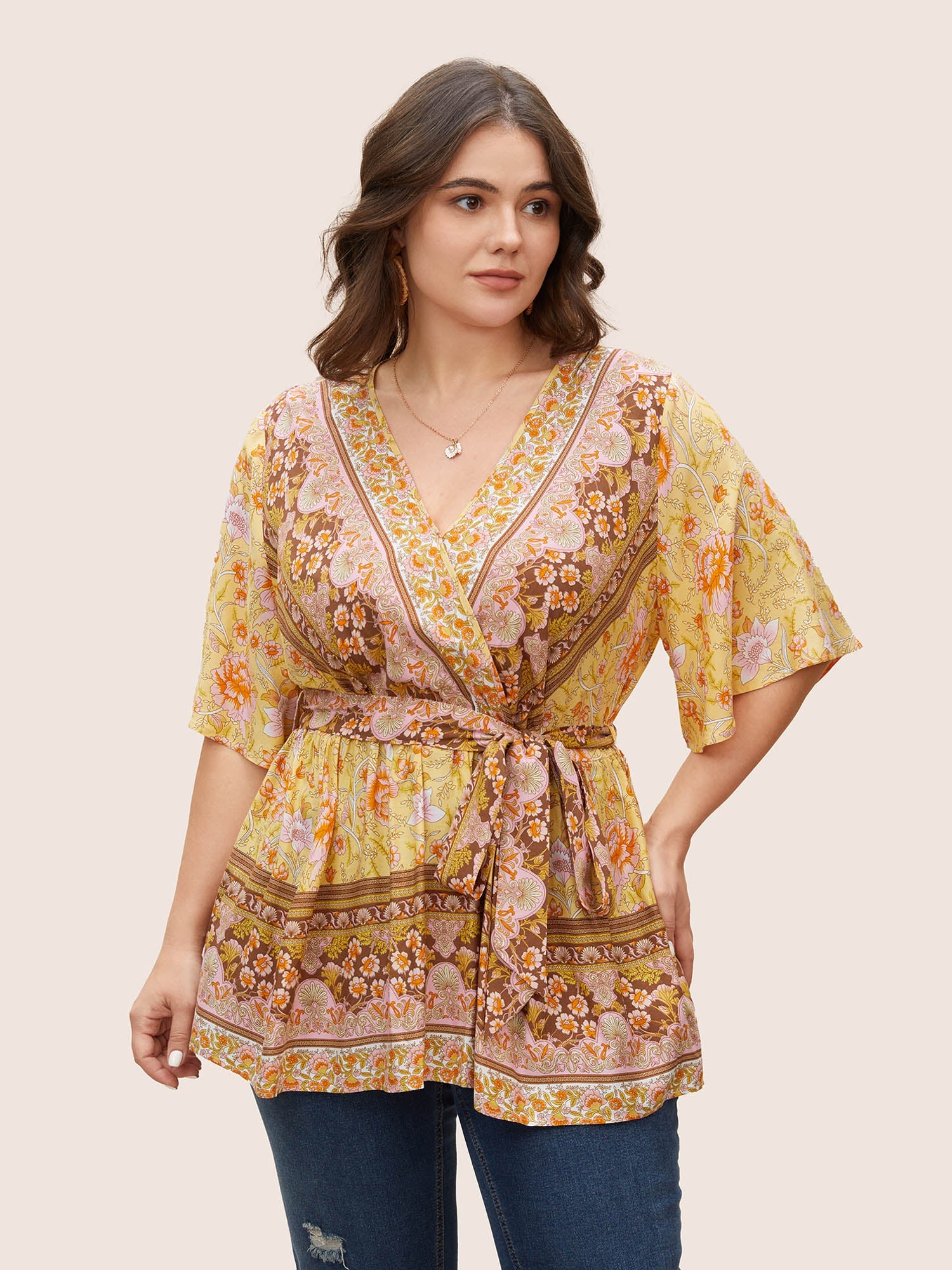 Floral Print Ruffles Belted Blouse